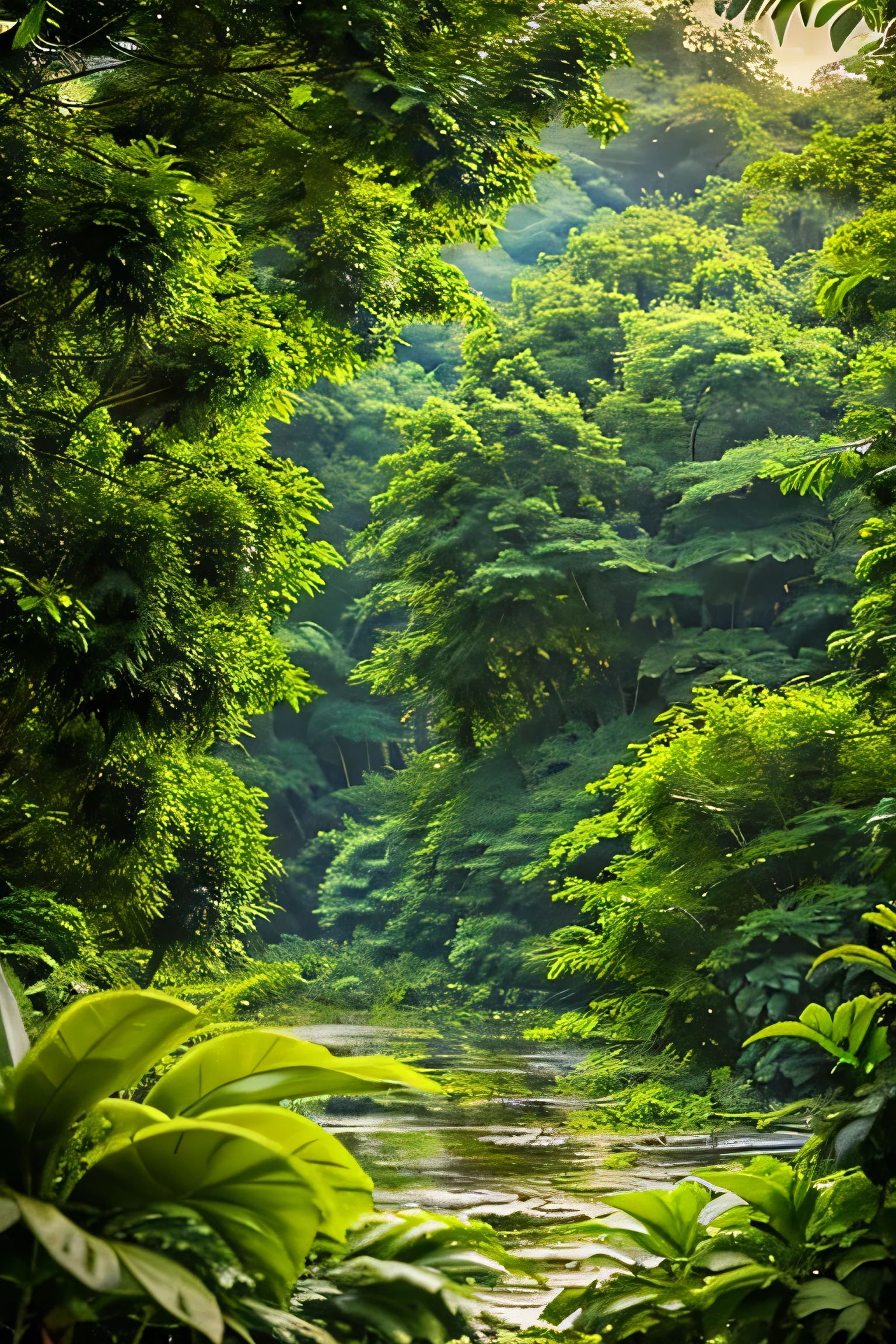 Beautiful hyper-realistic and super-detailed masterpiece that shows the vegetation of a tropical jungle with exotic, large-leaved plants,