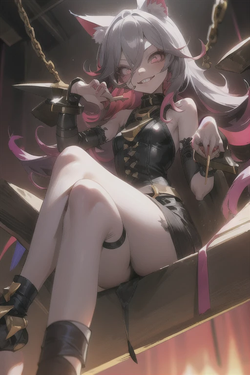 cat girl, Naked, Sharp teeth,  long hair, gray skin, multicolored hair, nails, seductive smile, long legs, femdom, long_legs, 1 girl, adult, close-up, colored leather, language, language out, is sitting, hands above head, chains, cuffs, metal collar, masterpiece bracelets,(Best quality),extremely detailed,illustration, One, bright color, Beautiful, small parts, ultra detailed, difficult, Beautiful lighting crossed legs, leg_focus, foot focus