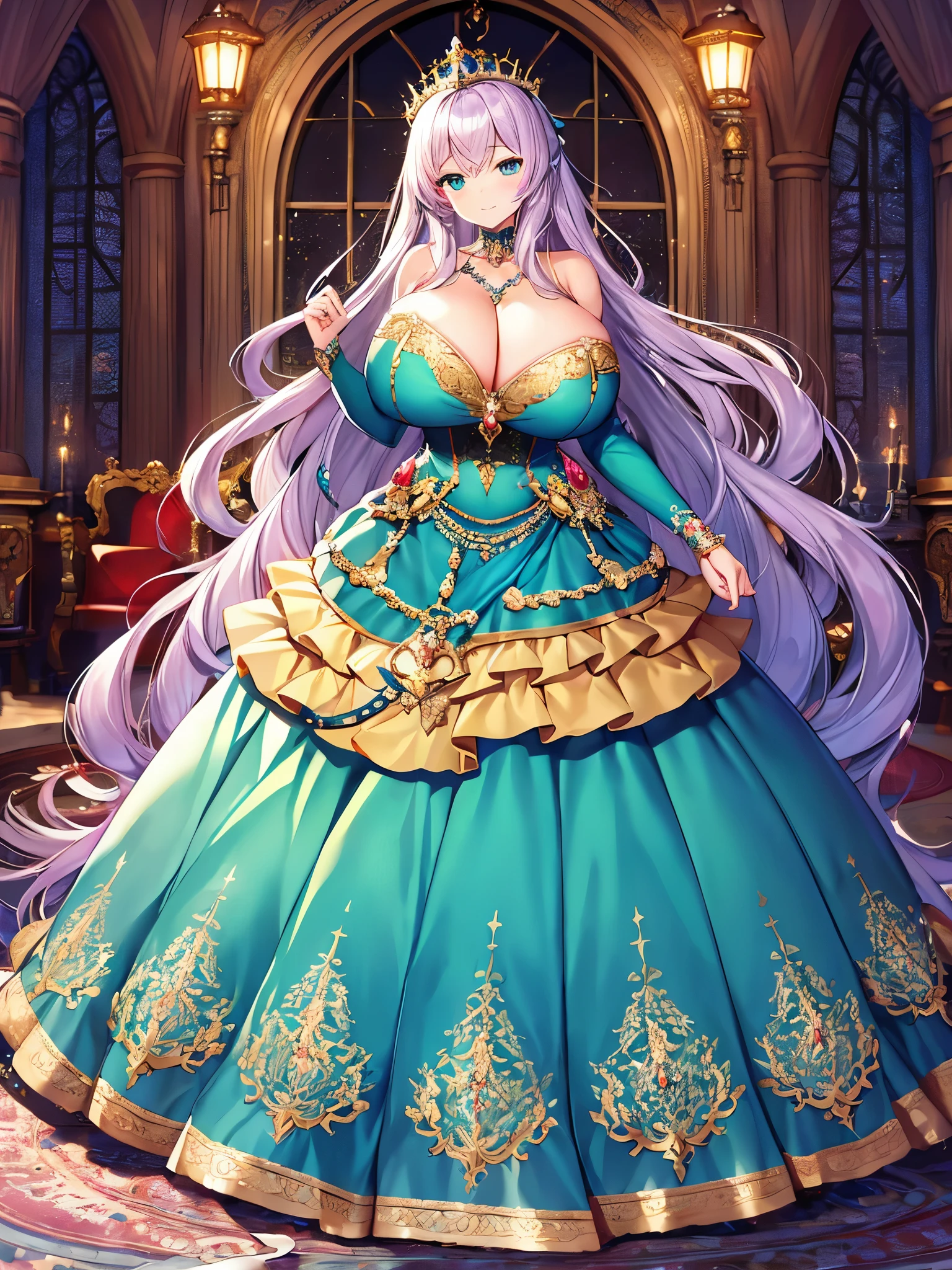 ((anime artstyle)),(Masterpiece),(Best Quality), (Super Detail),(((Very Delicate and Beautiful))),Solo,full body,((full body portrait)),((1 bling-bling gorgeous princess in beautiful embroidery and bling-bling jeweled gorgeous rococo ballgown)),((((absurdly gigantic tits)))),(((cleavage,curvy))),Skindentation,detailed face and eyes,jewel-like eyes,((castle,outdoor)),((crinoline,long train)),gorgeous princess rococo ballgown with voluminous full length hoop skirt and long train,(((bling-bling gorgeous rococo ballgown with beautiful embroidery and bling-bling jeweled))),((large amount of straight hair, absurdly long hair,Very Long Straight Hair)),extremely gorgeousfull hair ornament,(bling-bling extremely gorgeousfull jeweled tiara),luxurious jewelry,full body,((beautiful embroidery and jeweled bling-bling gorgeous rococo ballgown))