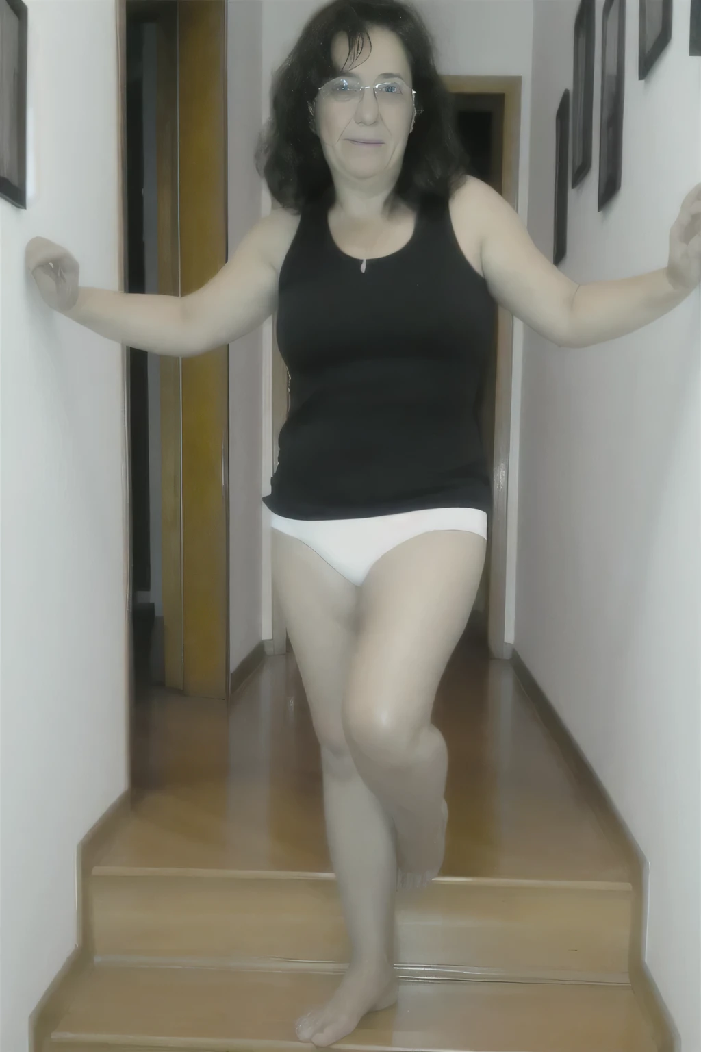 Woman in a black tank top and white panties climbing a flight of stairs, wearing a white leotard, wearing a t-shirt and shorts, a white skirt and bare chest, wearing a white t-shirt, thighs exposed!! !, l round thighs, thick legs. She is 155 cm tall and around 40 years old. A woman with tanned white skin and dark hair. She is around 40 years old. She has slightly full lips and dark brown eyes. Perfect body, slim body, slim waist. tanned skin, soft lips, red lipstick, a feeling of lightness and joy, hyperrealism, very elaborate skin. Fitness woman, fit woman, physically fit woman, full body photo, clear photo, high quality, high resolution, masterpiece, 8K.