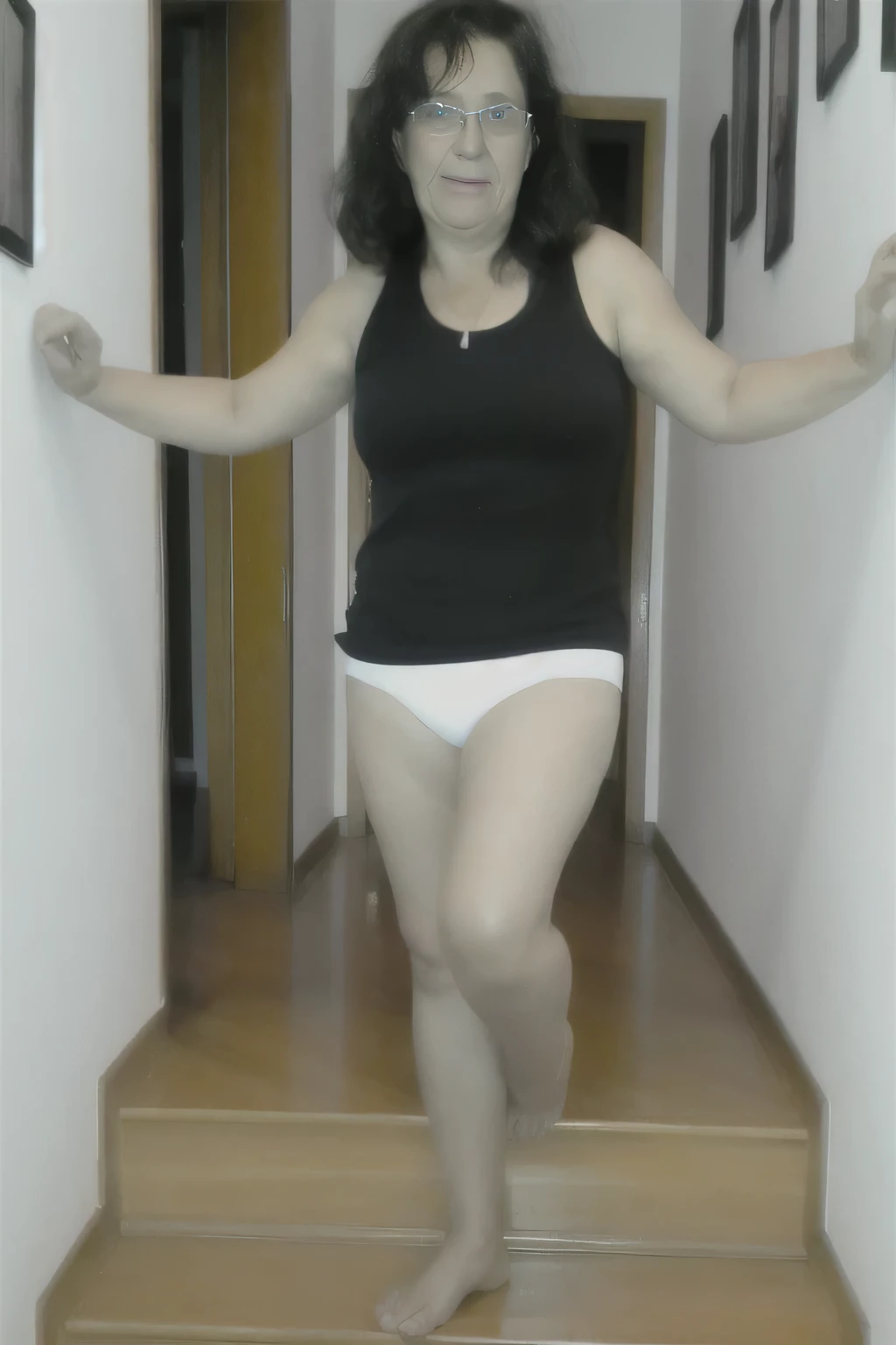 arafed woman in a black tank top and white panties walking up a flight of stairs, wearing white leotard, wearing a camisole and shorts, white skirt and barechest, wearing white camisole, wearing white tights, wearing a wet white short dress, exposed thighs!!!, fat latin woman dancing, round thighs, thick legs, wearing white skirt