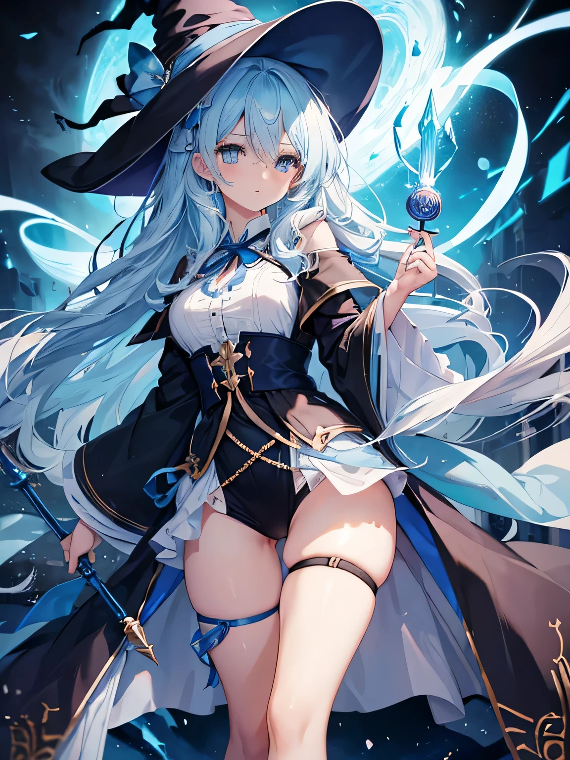 ((Inma)),((beautiful girl)),light blue hair,sky blue eyes,has a wizard&#39;s wand,(((Bewitching))),(((giant ribbon))),ribbon on chest,(beautiful face),looking at the viewer,(((beautiful legs))),Are standing,black robe,noble,Provocative,