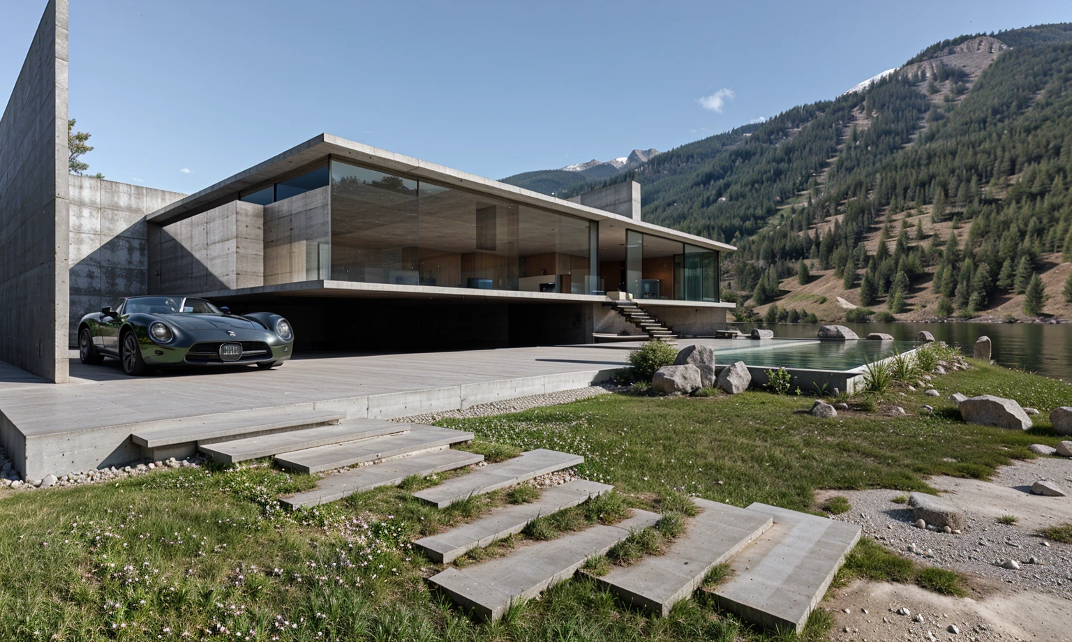 modern house, moutains, car, concrete, glass, (realistic photo)