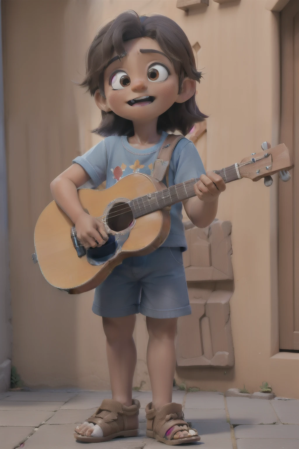 Um menino moreno claro, playing the guitar, holding guitar, estilo Disney puxa, alta qualidade, melhor qualidade.