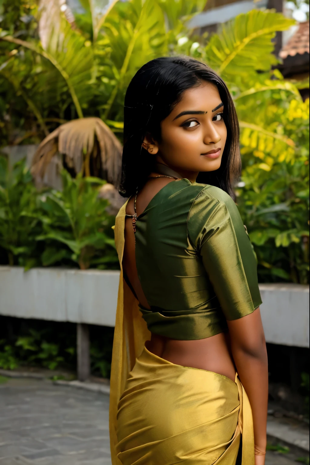 a photo realistic beautiful sri lankan girl . wearing a skin tight saree. camera should be focus on her back side
