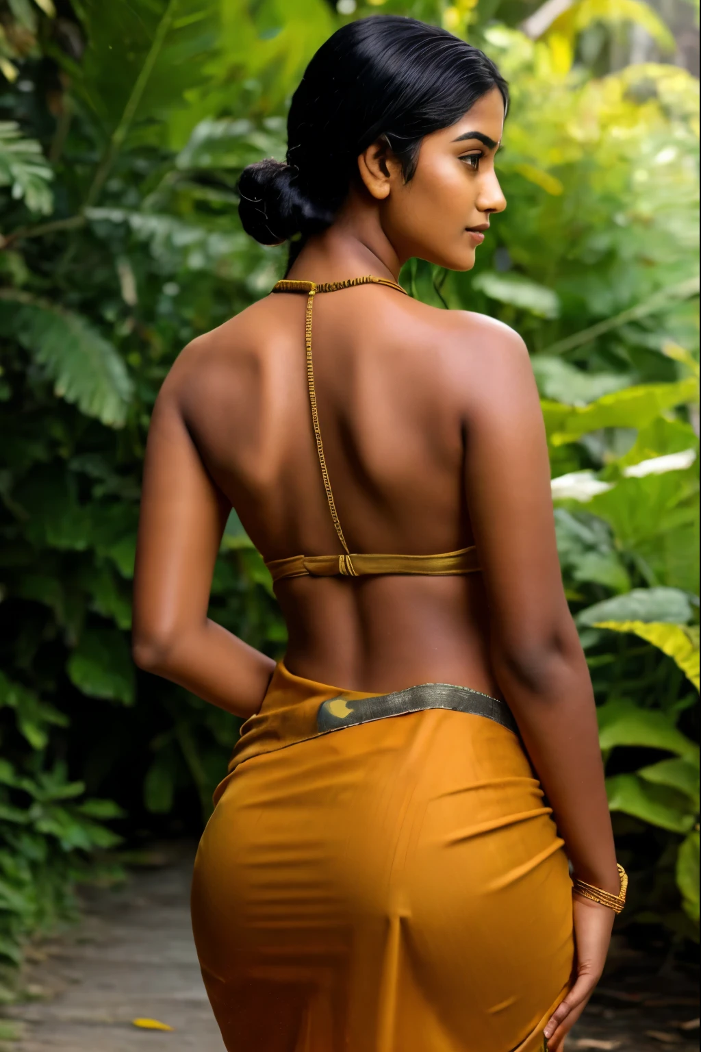 a photo realistic beautiful sri lankan girl . wearing a skin tight saree. camera should be focus on her detailed back side
