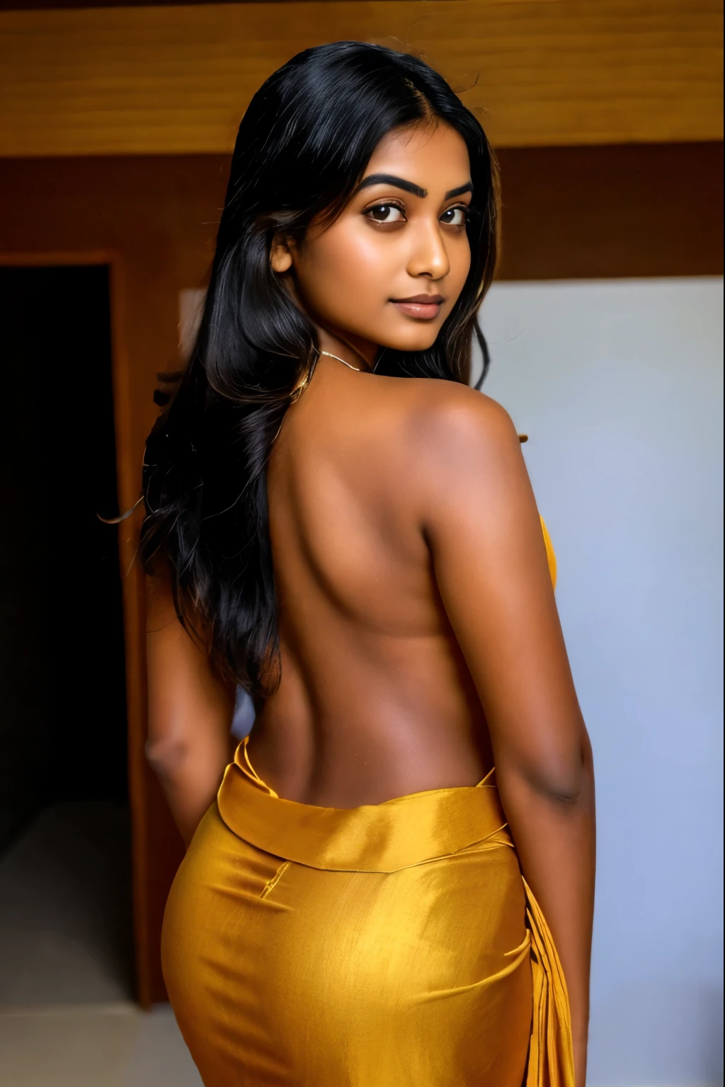 a photo realistic beautiful sri lankan girl . wearing a skin tight saree. camera should be focus on her detailed back side
