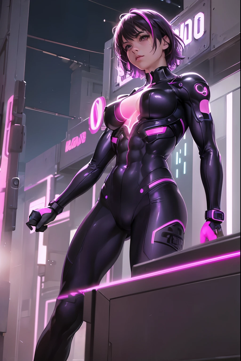 (realistic: 1.4), highest quality, very delicate and beautiful, High resolution, masterpiece, highest quality, 1girl, purple eyes, purple hair, medium breasts, (short Hair:1.3), , (abs:1.6), (muscular:1.5), cyber punk suits, wavy hair, Magic Circle, (running:1.3), (neon:1.5), (clothed in light:1.5)