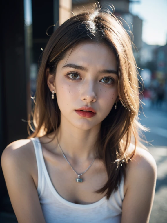 Best quality, masterpiece, ultra high res, (photorealistic:1.4), raw photo,Beautiful girl college student,masterpiece,Light makeup,red lips,silver hair,messy long hair,street background,White tank top,Jeans shorts,slim figure,big bright eyes,earring,necklace,Tattoos,large breasts, nude, directed by shane mcmellen, in the style of neon-lit pop art, photo taken with ektachrome, distorted portraiture, surreal sculpture, gothic dark and moody tones, softbox lighting, instax film crying