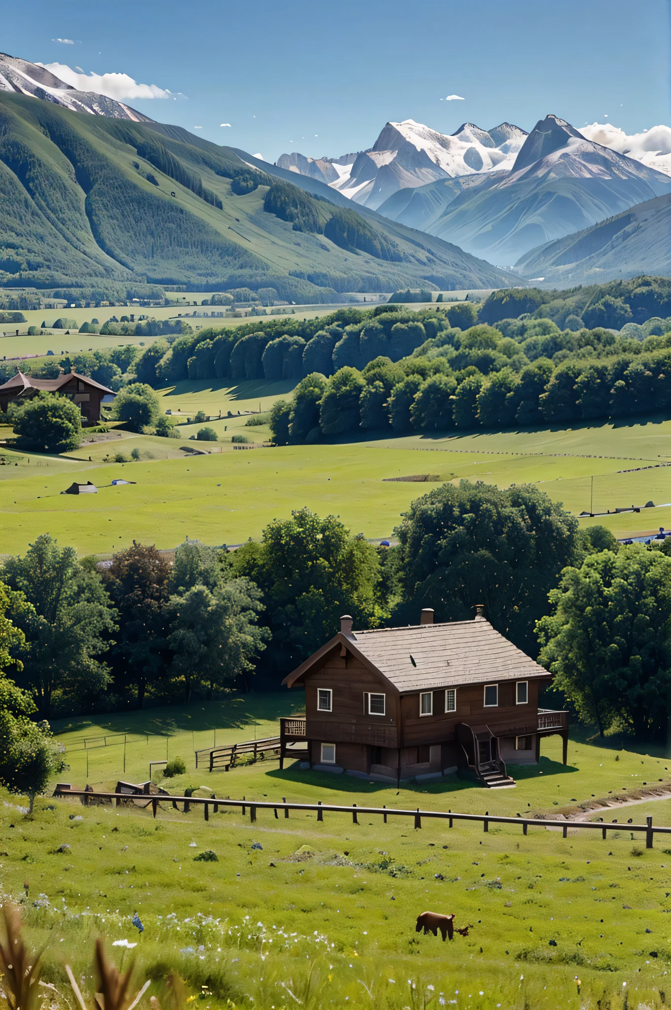 A beautiful realistic wooden house in the middle of green landscape and mountains, view from far, 