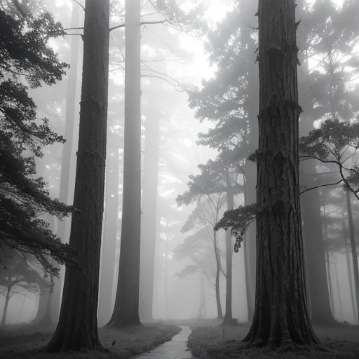 there is a black and white photo of a park with trees, a detailed matte painting by Li Mei-shu, flickr, tonalism, surreal canopy, misty forest, the treetops of giant oaks, foggy forrest backdrop, misty woods, foggy forest, misty wood, fractal forest, trees. matte painting, ethereal mist, very realistic. fog, surreal forest, magical fog