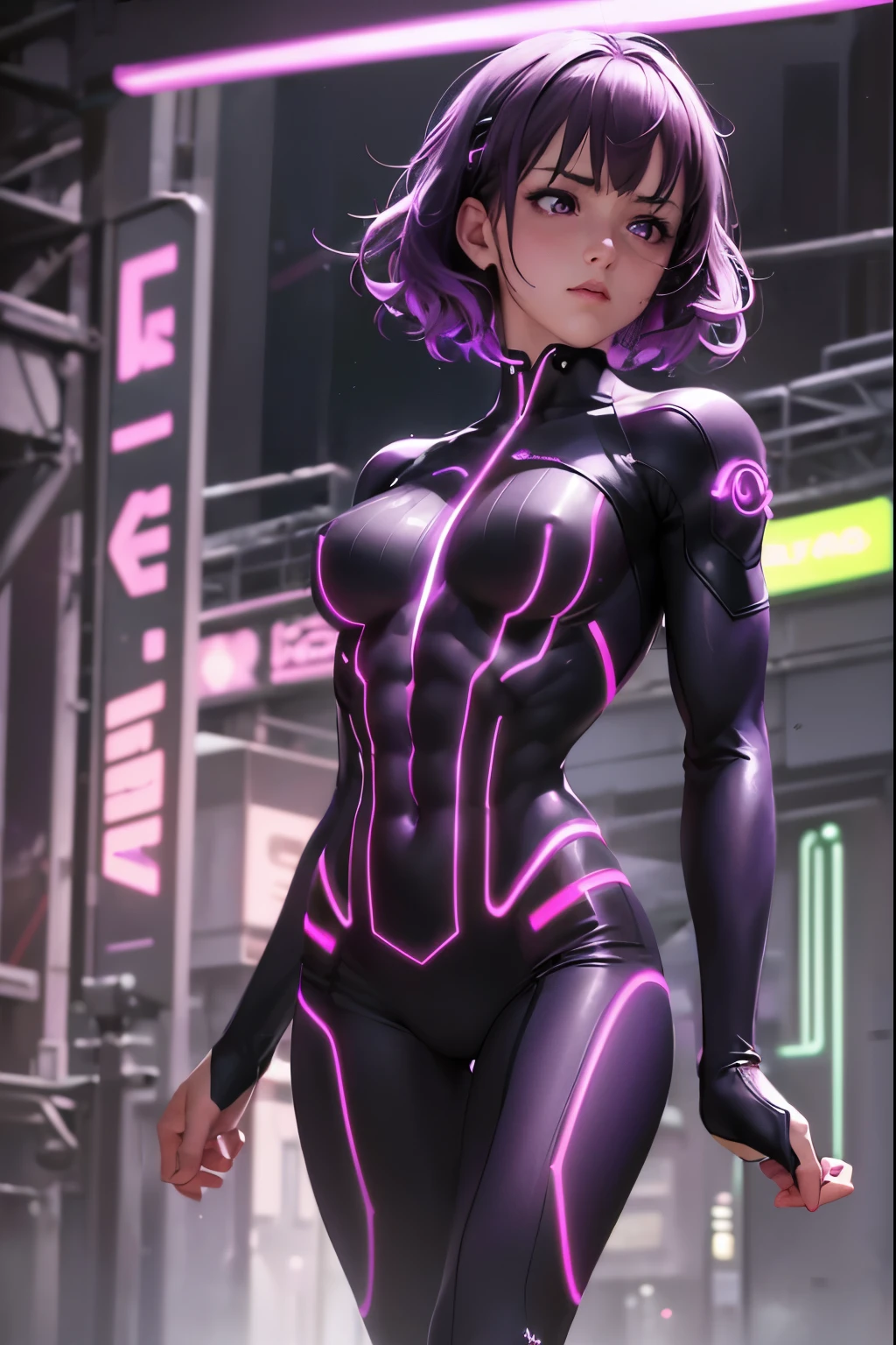 (realistic: 1.4), highest quality, very delicate and beautiful, High resolution, masterpiece, highest quality, 1girl, purple eyes, purple hair, medium breasts, (short Hair:1.3), , (abs:1.4), (muscular:1.5), cyber punk suits, wavy hair, Magic Circle, (running:1.3), (neon:1.5), (clothed in light:1.5)