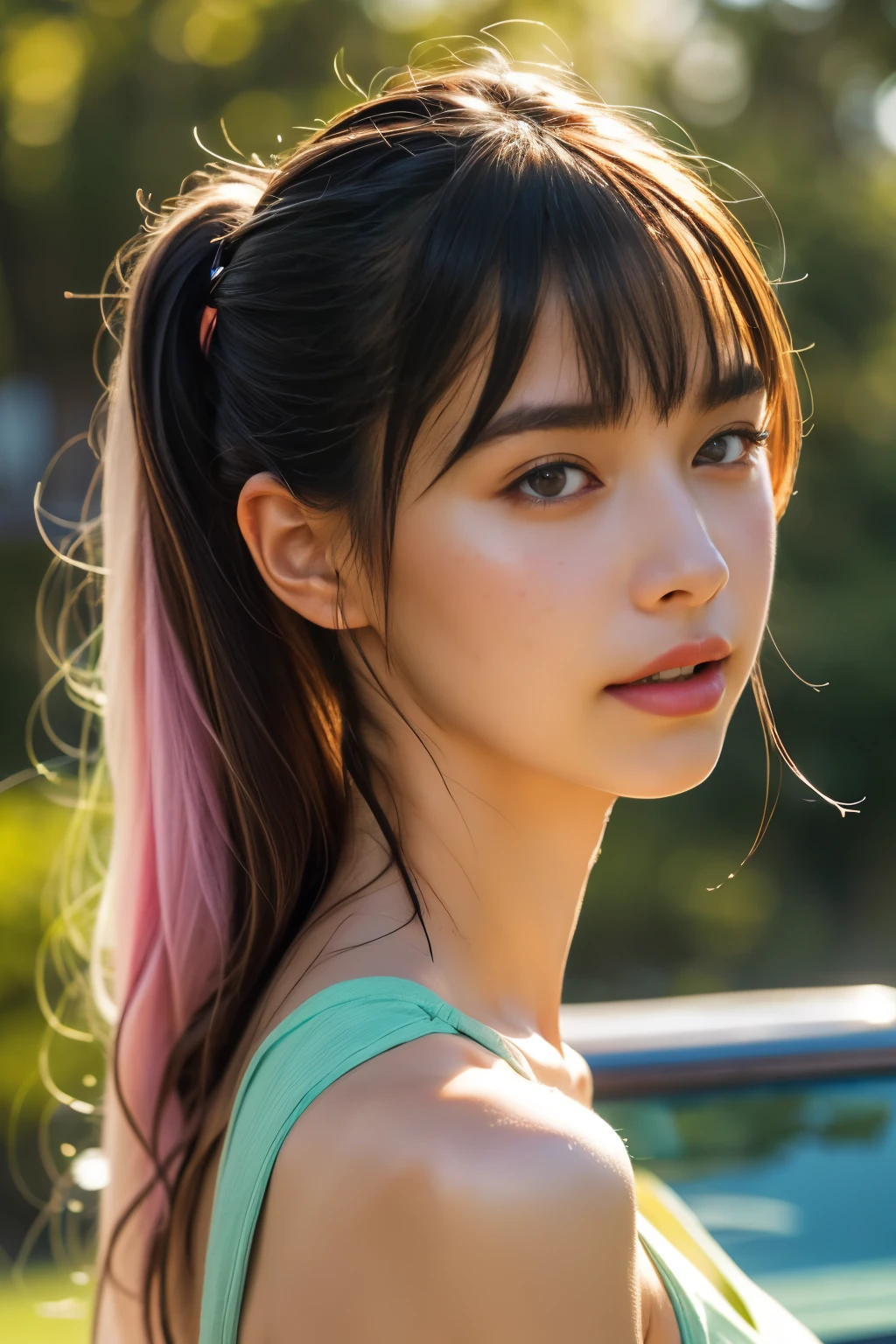 (best quality,4k,8k,highres,masterpiece:1.2), ultra-detailed, (realistic,photorealistic,photo-realistic:1.37), bright,sketch,drawing:1.0, 1girl, bangs, red eyes with bright relucent light in hair, blushing, collarbone, detailed eyes and face, long hair, looking at the viewer, good, open mouth, pink hair, portrait, glossy hair, glossy side ponytail.