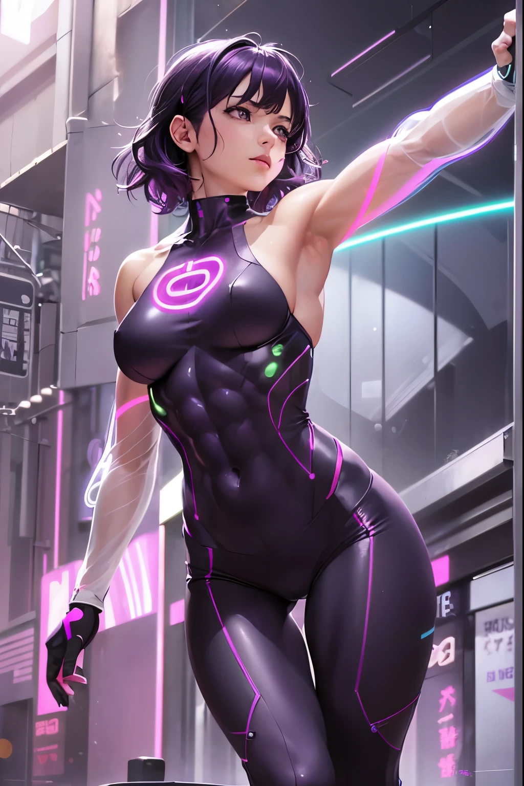 (realistic: 1.4), highest quality, very delicate and beautiful, High resolution, masterpiece, highest quality, 1girl, purple eyes, purple hair, medium breasts, (short Hair:1.3), , (abs:1.4), (muscular:1.5), cyber punk suits, wavy hair, Magic Circle, (running:1.3), (neon:1.5), (clothed in light:1.5)