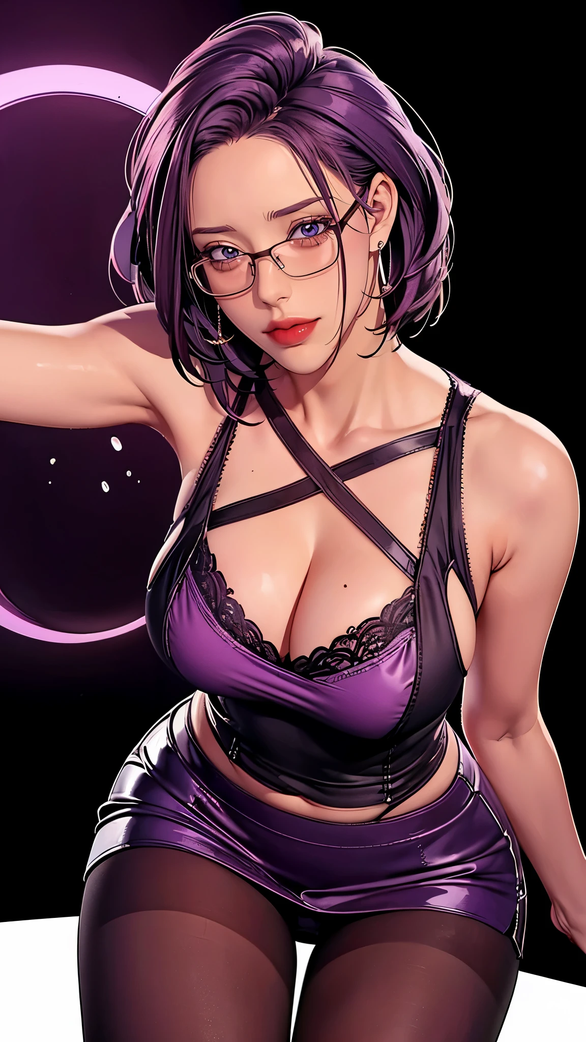 （（（完美figure，figure，Brown leggings，（（（JMT,Glasses,purple hair,short hair,purple eyes,MiJungdef，purple eyes，purple hair，medium hair，）））型figure:1.7））），((masterpiece)),high resolution, ((Best quality at best))，masterpiece，quality，Best quality，（（（ Exquisite facial features，looking at the audience,There is light in the eyes，Happy，***********nterlacing of light and shadow，huge boobs））），（（（looking into camera，black background)）））