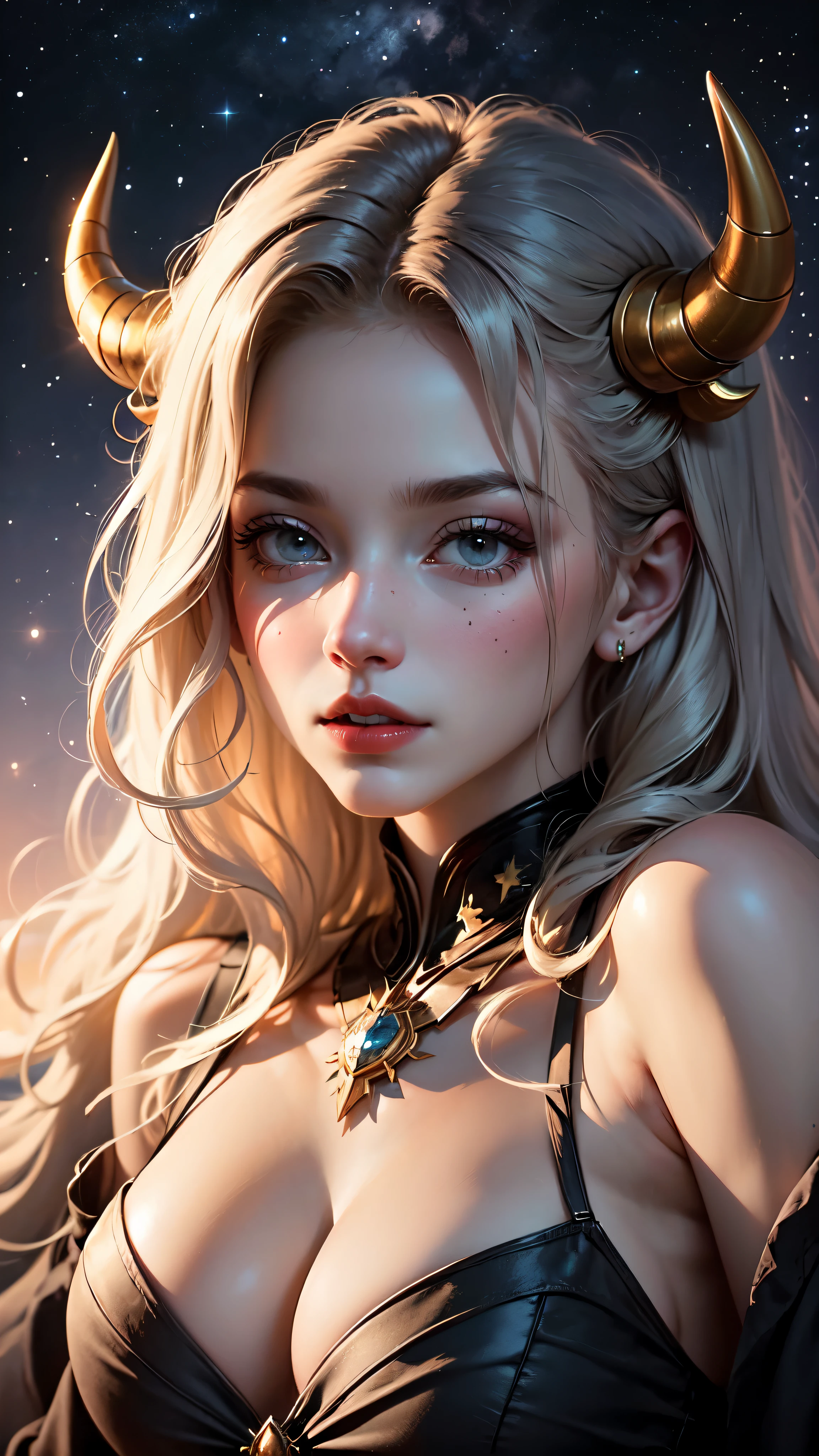 Taurus, zodiac sign, maiden, starry sky, slim body, 8k, stable, self-sufficient, stubborn, possessive, chronic, lazy. detailed face, detailed eyes, detailed hands, full body