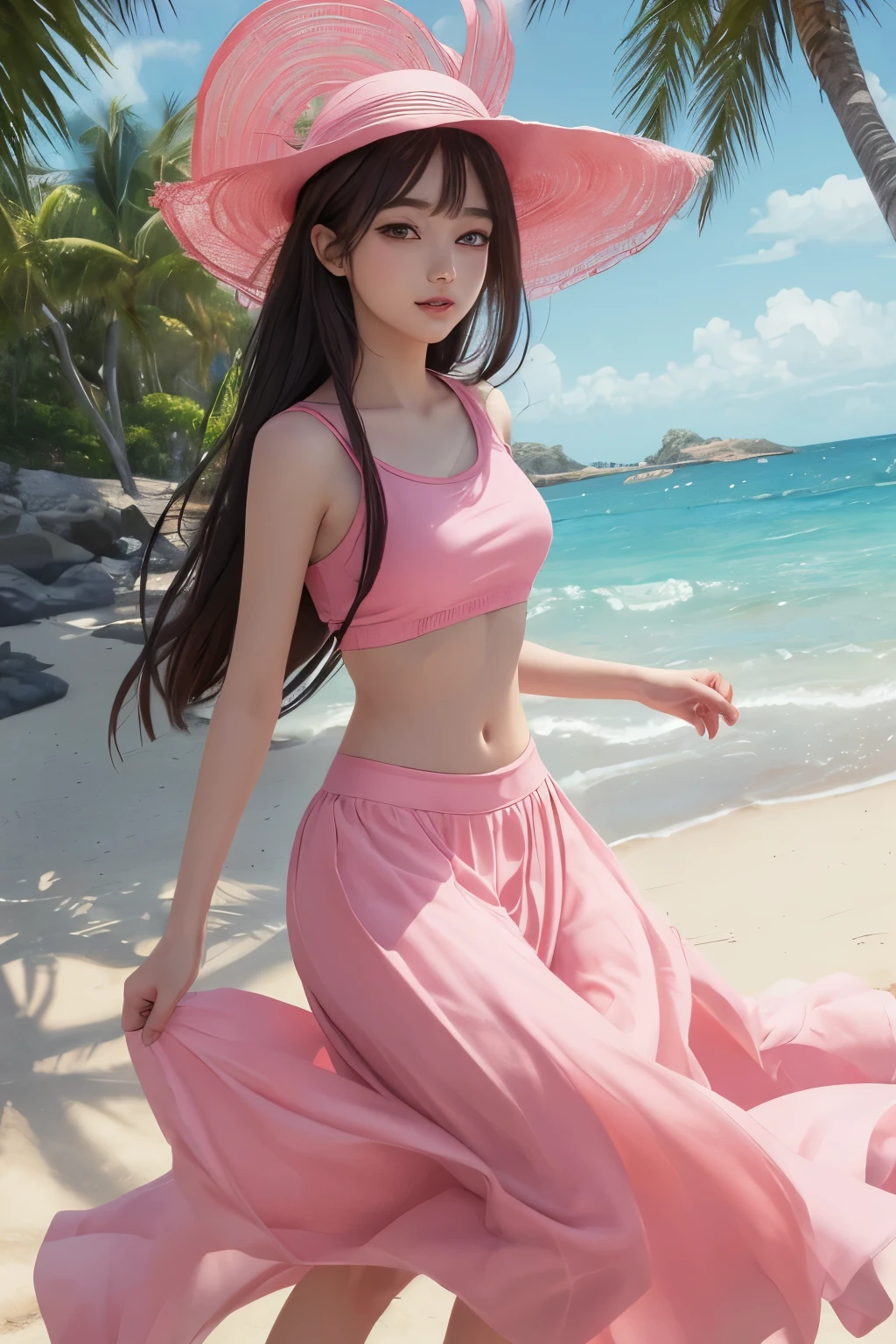 With fascinating 3D cartoon scenes, Long and cute beauty, Shining hair confidently sits on the beach. She proudly wears a pink top and matching pink hat, complement her trendy fashion sense. A flowing long skirt swaying in the wind, Capture the essence of new trendy portraits. Panoramic view gives you a great view, Large opening with tranquil sea views, Add depth and dimension to your illustrations.

Use a vibrant color palette to localize this work as a Pop Mart piece, A character with a delicate luster. With a beautiful background、The character&#39;s high level of beauty shines through., with