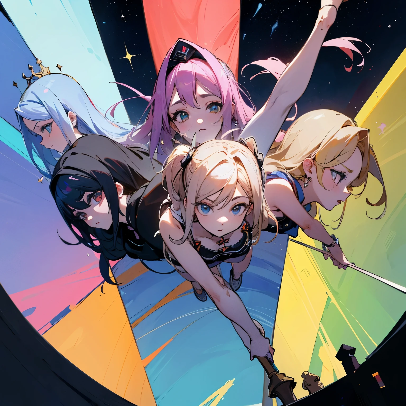 create an art where there are 5 girls, num tema aterrorizante, no meio da noite. sem mostrar seus rostos