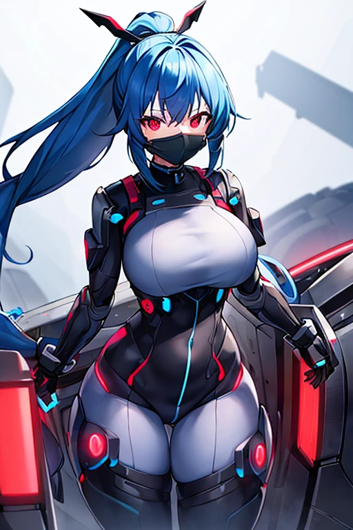 1girl, robot girl, robot, large breasts, breasts, thick thighs, blue hair, long ponytail, ponytail, serious, glowing eyes, red eyes, bodysuit, black bodysuit, futuristic, science-fiction, machinery, tech, braid onytail, braid, mouth mask, mask, covered mouth, sharp hair, spiked hair, 