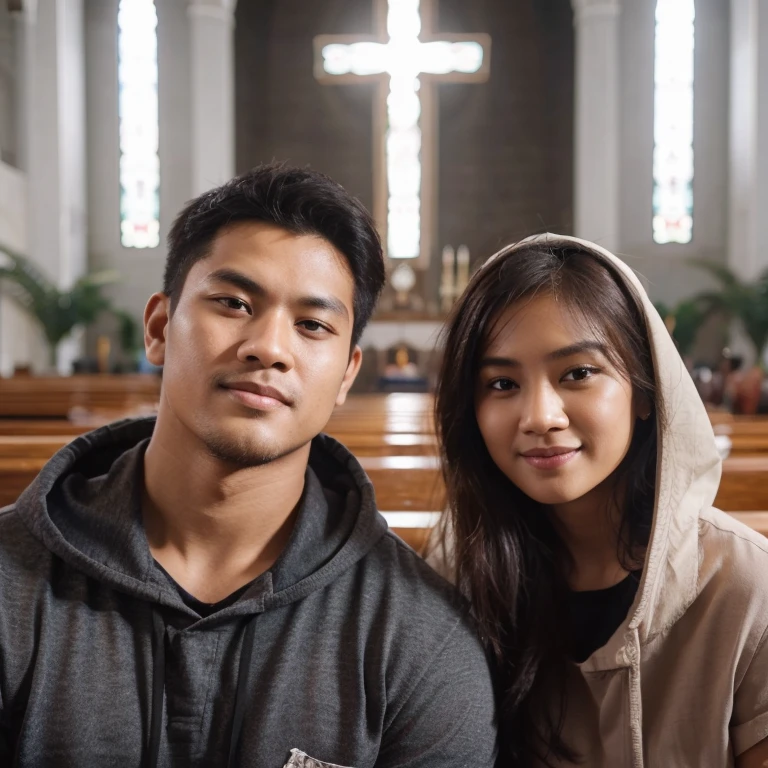 (8K, RAW Photos, Photography, Highest Quality, Intricate Details), Medium shot of a 30 year old indonesian man, kinda fat muscle, nature skin, very short hair, wearing a black shirt, side by side with a 25 year old Indonesian woman with long hair, wearing white shirt, they smile facing the camera, eye to camera, in the church, sitting, with cross and background