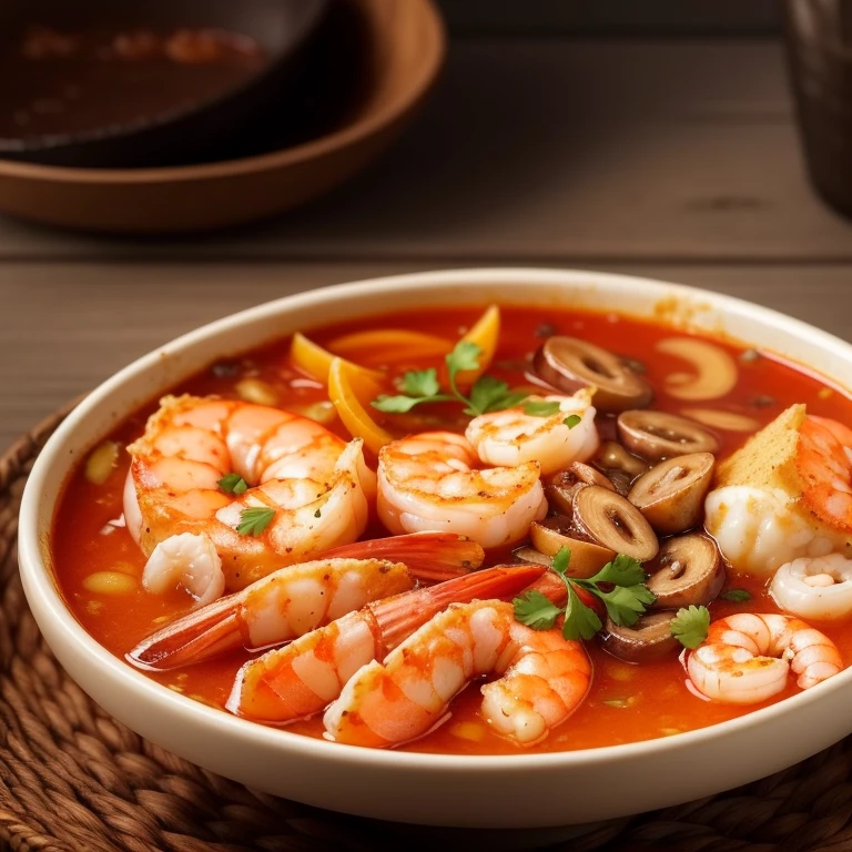 there is a bowl of sopa with shrimp, mushrooms and bread, ❤🔥🍄🌪, Aokamei, daopao, imagen detallada, High quality food photography., parece realista, sopa, professional food photography, tradicional, warm, el mejor de todos, delicioso, instagram post, hermosa imagen, HD Food Photography, tendencias ，, reddit post, bowl filled with food