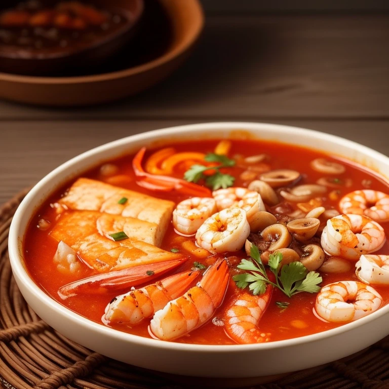 there is a bowl of sopa with shrimp, mushrooms and bread, ❤🔥🍄🌪, Aokamei, daopao, imagen detallada, High quality food photography., parece realista, sopa, professional food photography, tradicional, warm, el mejor de todos, delicioso, instagram post, hermosa imagen, HD Food Photography, tendencias ,, reddit post, bowl filled with food