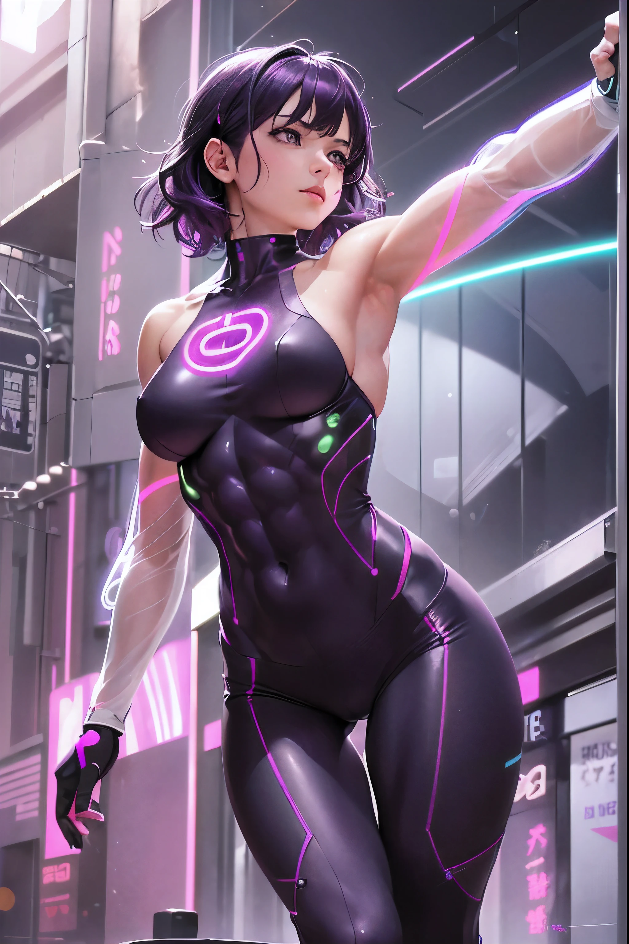 (realistic: 1.4), highest quality, very delicate and beautiful, High resolution, masterpiece, highest quality, 1girl, purple eyes, purple hair, medium breasts, (short Hair:1.3), , (abs:1.4), (muscular:1.5), cyber punk suits, wavy hair, Magic Circle, (running:1.3), (neon:1.5), (clothed in light:1.5)