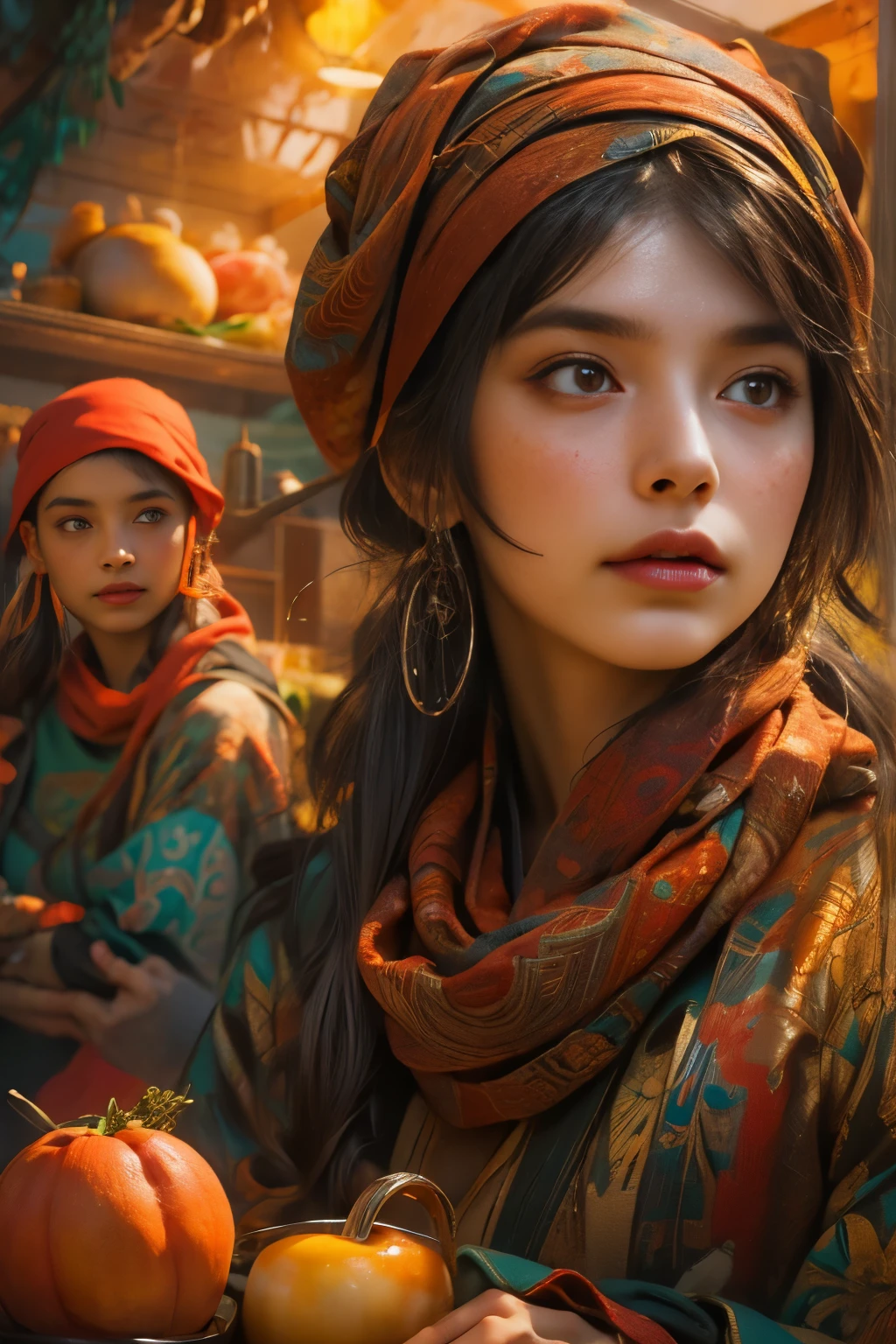 A girl with a scarf wrapped around her head, Craig Mullins Alphonse Mucha artistic style, beautiful character illustration, vibrant and deep colors by Rads and Lois Van Baarle, Artgerm and Ati Gilan collaboration, rich and deep colors reminiscent of Charlie Bowater's artwork, Lostland 8k resolution, a bountiful and colorful display of food, Artgerm and Craig Mullins collaboration. (best quality, 8k resolution, highres, masterpiece:1.2), ultra-detailed, photo-realistic:1.37, HDR, studio lighting, ultra-fine painting, sharp focus, physically-based rendering, extreme detail description, professional, vivid colors, bokeh, portraits, food genre, vibrant and warm color palette, soft and diffused lighting.