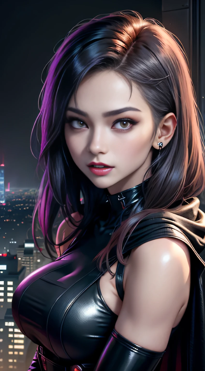 (best quality), (masterpiece), (photorealistic), (realistic), super detailed, unity 8k wallpaper, highly detailed cg, ray tracking, sharp shadows, great detail, depth of field, super detailed background, cyberpunk vampire girl, latex, (Resting at the top of a skyscraper, she looks up at the new moon with an ecstatic expression and is cloaked in a thin red mist.) :1.6, Future city, On top of the city's tallest skyscraper, wispy new moon, side shot, wide shot, steeple, (A vampire in a futuristic city observes people from the shadows and from the mist on the night of the new moon in search of prey. Cloaked in fog, she tracks her prey with bright red eyes and pointed fangs. A resounding scream, but no one hears it.) :0.6,, wearing bra,((skinny waist)), young asian girl, ((big breasted)),