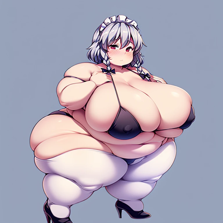 1girl, top-heavy figure, ((((incredibly big chest)))), ((((big tits)))), (((saggy chest))), plump, incredibly plump, (big belly), pout, embarassed, wide, (((obese))), (((fat))), ((love handles)), double chin, out of shape, obese, fatty, shortstack, short woman, (((big bossom))), (milf), small height, mature, standing, full body, bbw, ssbbw, Sakuya Iazyoi (Touhou), silver short hair, black bikini, pantyhose, high heel