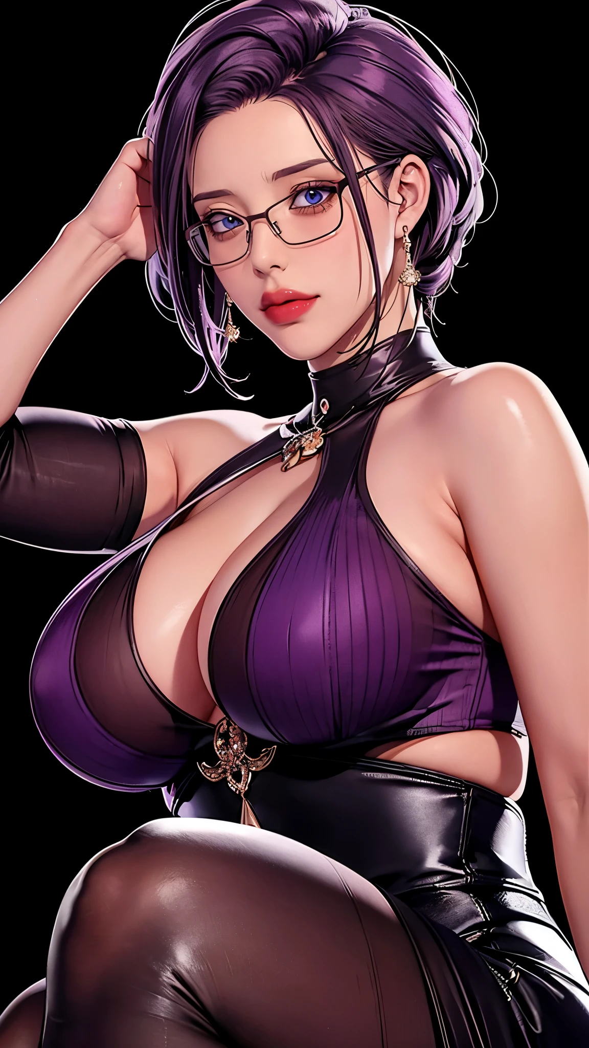 （（（完美figure，figure，Brown leggings，（（（JMT,Glasses,purple hair,short hair,purple eyes,MiJungdef，purple eyes，purple hair，medium hair，）））型figure:1.7））），((masterpiece)),high resolution, ((Best quality at best))，masterpiece，quality，Best quality，（（（ Exquisite facial features，looking at the audience,There is light in the eyes，Happy，***********nterlacing of light and shadow，huge boobs））），（（（looking into camera，black background)）））