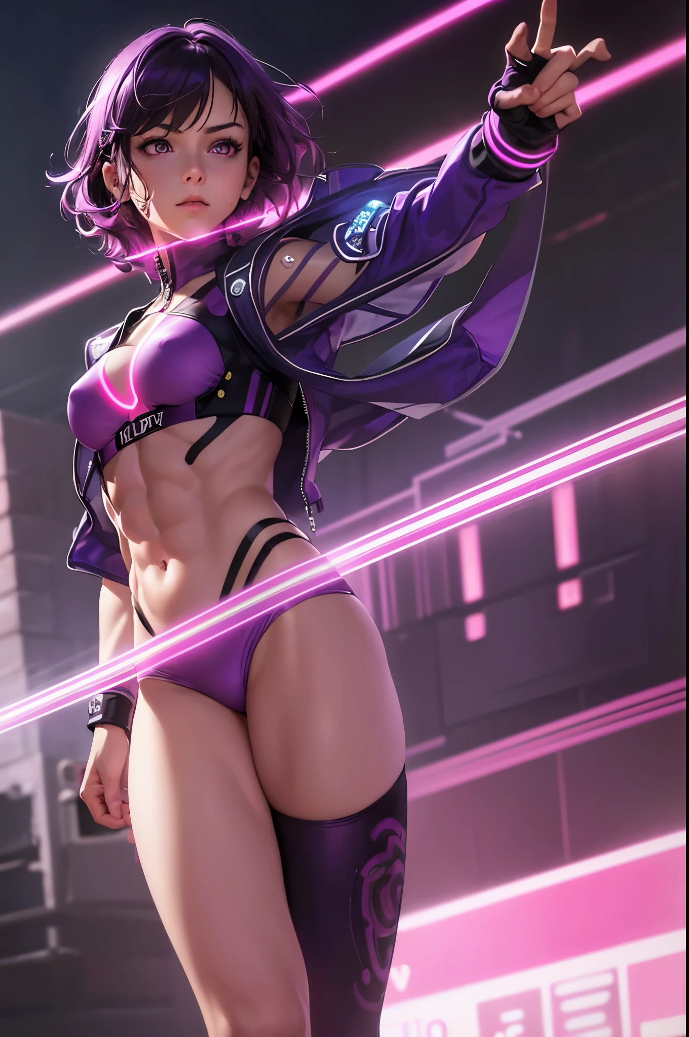 (realistic: 1.4), highest quality, very delicate and beautiful, High resolution, masterpiece, highest quality, 1girl, purple eyes, purple hair, medium breasts, (short Hair:1.3), , (abs:1.2), (muscular:1.1), cyber punk suits, wavy hair, Magic Circle, (running pose:1.3), (neon:1.5), (clothed in light:1.5)