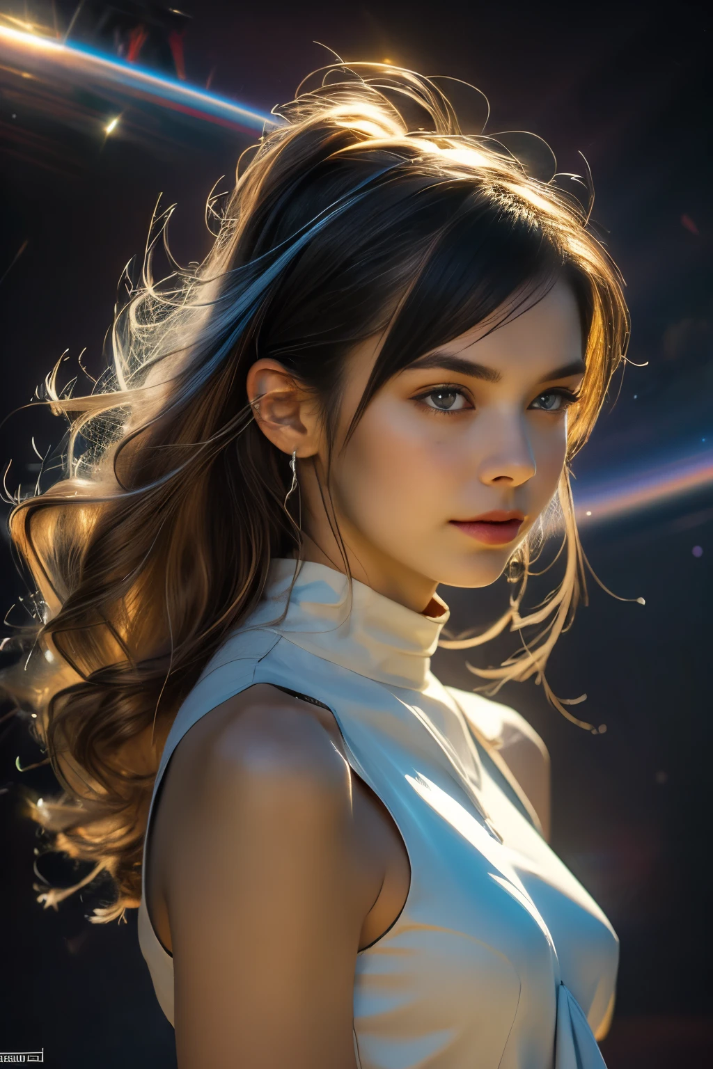 (In 8K, Highest quality, Tabletop, Ultra-high resolution, High quality face:1.5), (Lots of details), (Android in the form of a girl:1.3),(Realistic:1.4) (View from above:1.6), (Very white skin, Clear skin, Glowing Skin:1.4), Pin Spot Light, (The eyes are connected to the universe through high-performance lens eyes.　Fine pupil, Shining Eyes, Long eyelashes:1.5), Shiny, wig hair, Duck mouth, Gloss Lip, de luz, cute, fresh, ((Wear an earth-colored dress)), Earth water dripping, Blue Liquid, Scattered and Shining, Light from above, Light from below, Light from the side, すべてのde luz融合点に立つ, Caustics, Lighting by world-class AI creators, dream-like, Digital Art, universe space, no gravity, Swaying, Light and deep texture