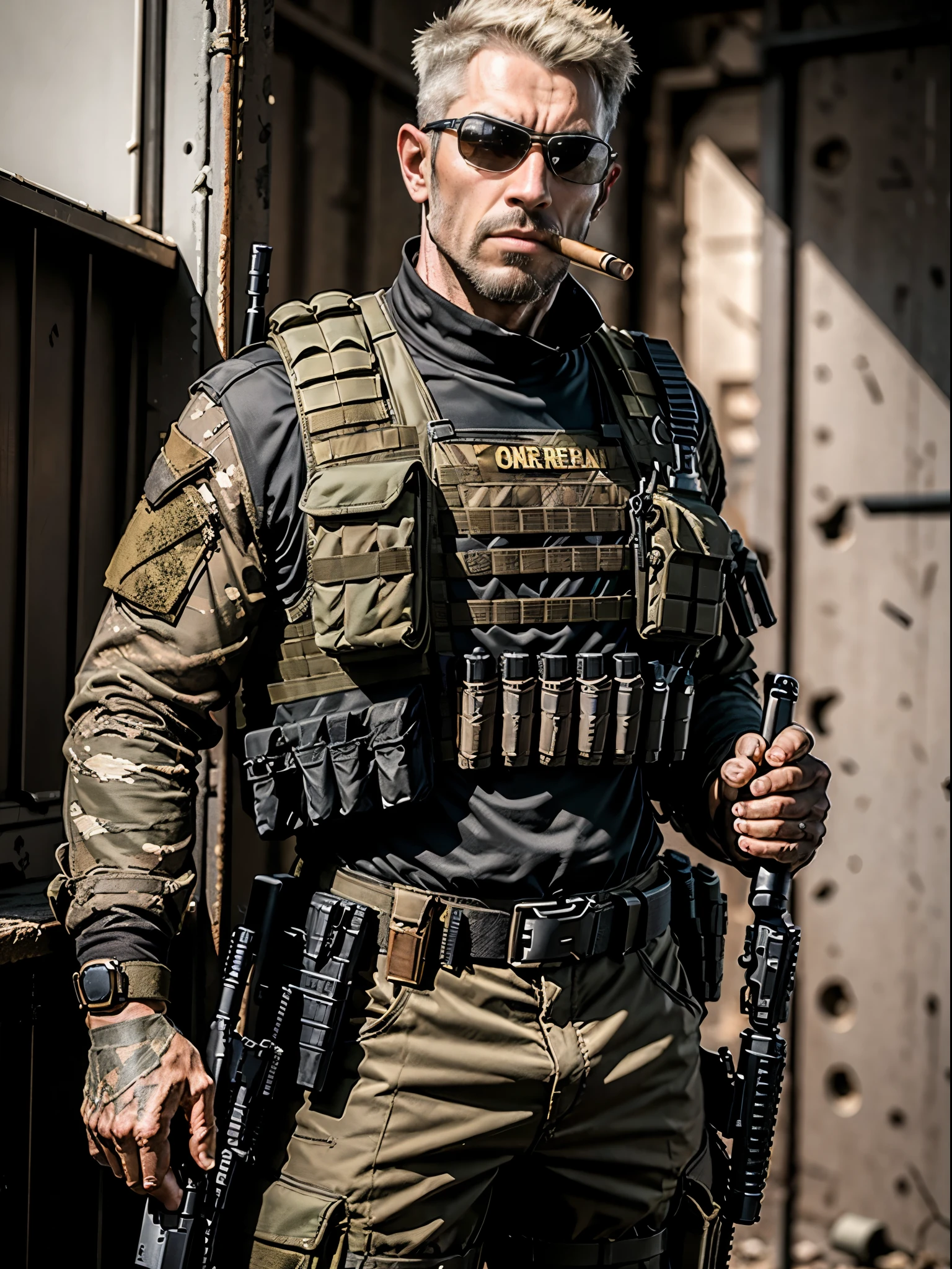 Mercenary, male focus, holding weapon with two hands, assault rifle, load-bearing vest, cigar in mouth, ammunition belt, danger atmosphere, war zone