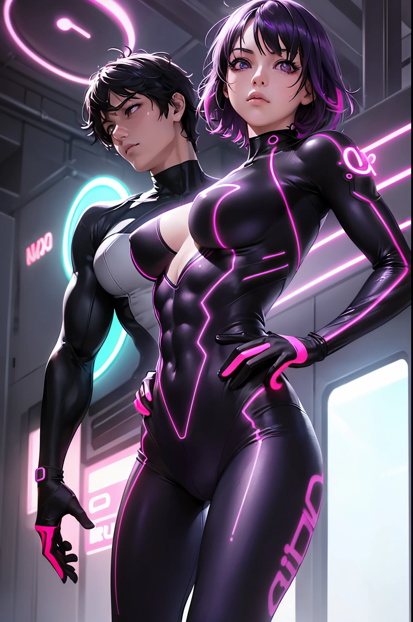 (realistic: 1.4), highest quality, very delicate and beautiful, High resolution, masterpiece, highest quality, 1girl, purple eyes, purple hair, medium breasts, (short Hair:1.3), (abs:1.2), (muscular:1.1), cyber punk suits, wavy hair, Magic Circle, (running pose:1.1), (neon:1.5), (clothed in light:1.5)