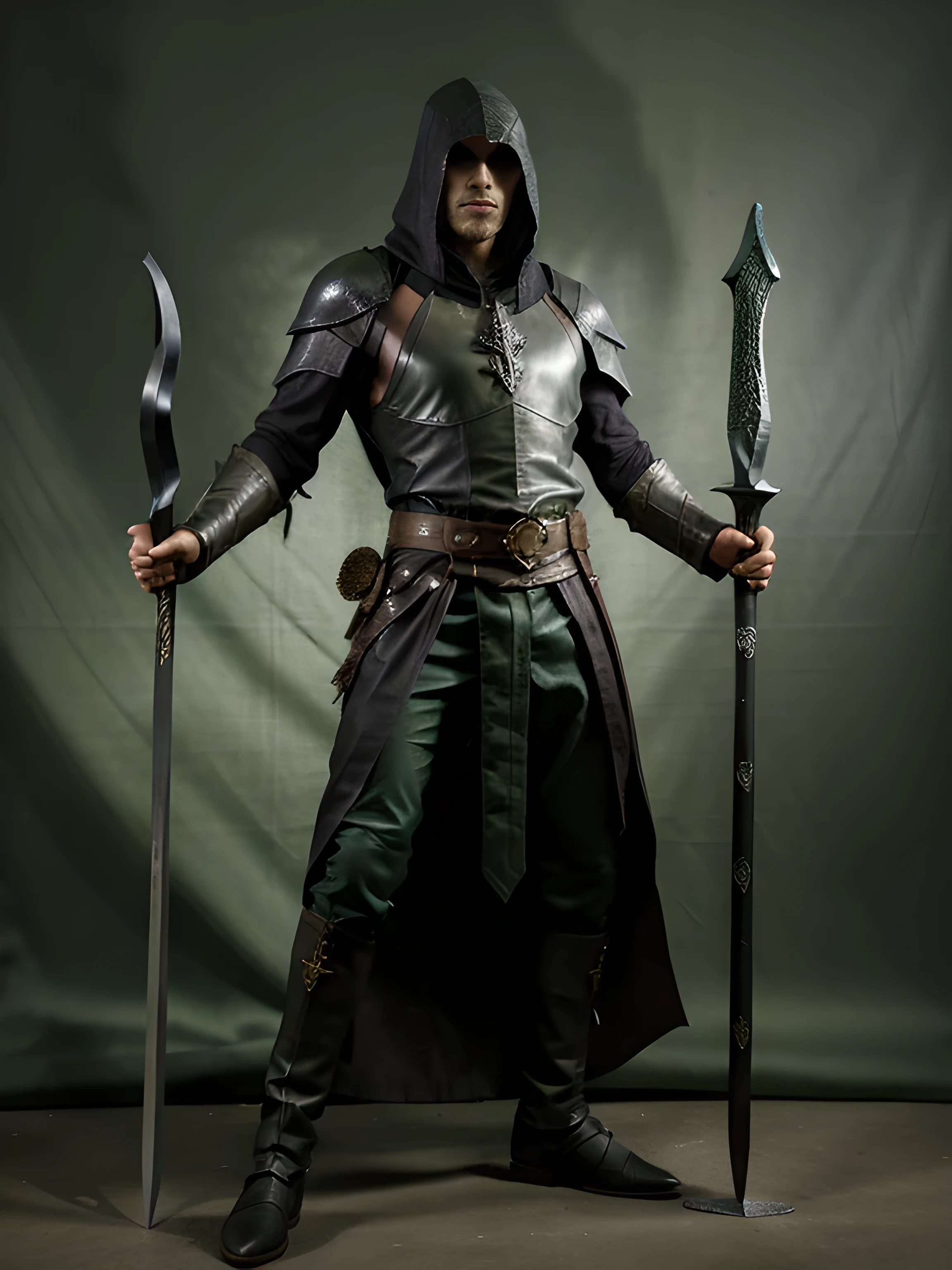 fullbody view of Dark elf drizzt in medieval fantasy leather armor and green cloak holding 2 swords action pose