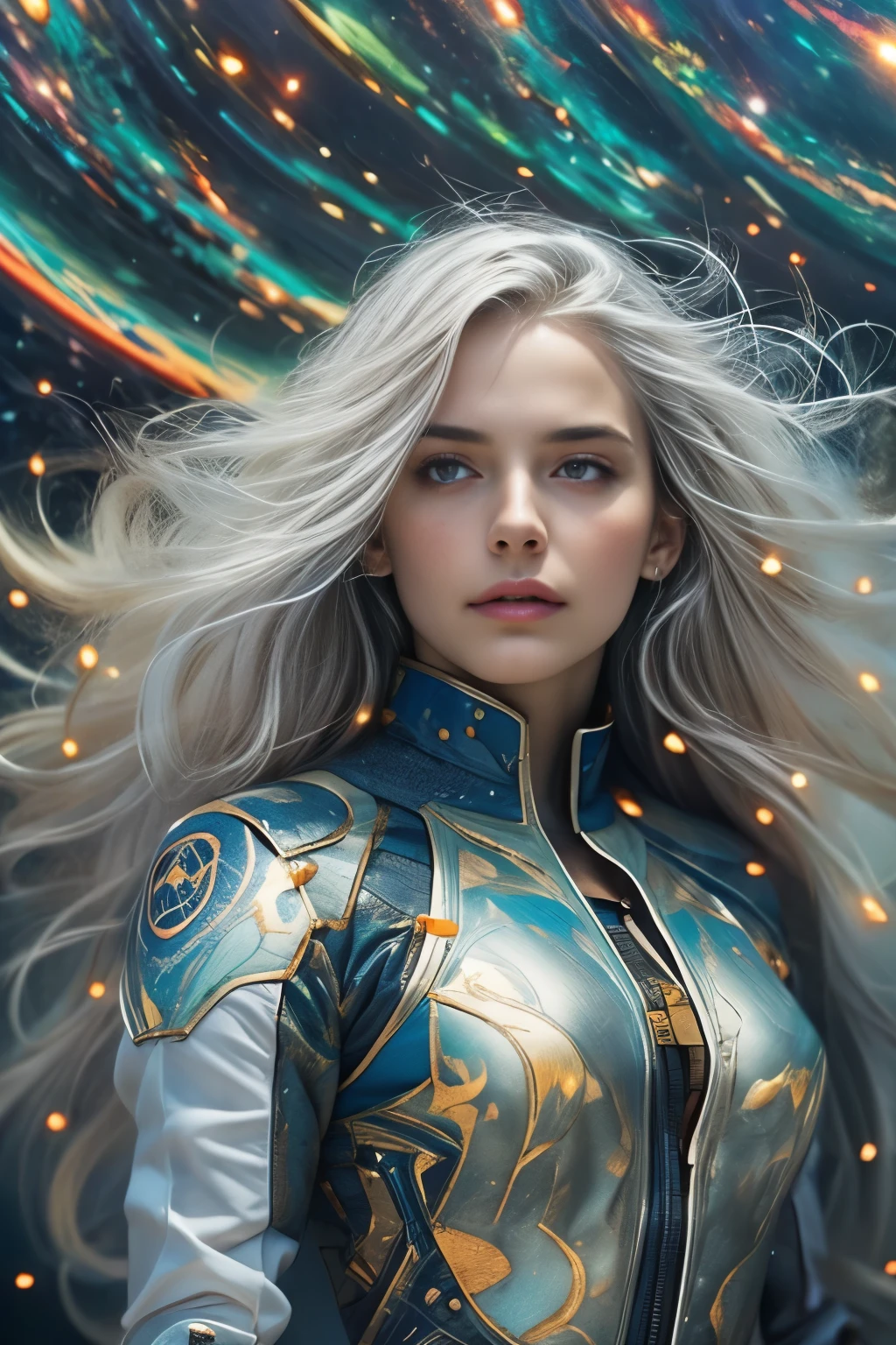 (best quality,ultra-detailed,photorealistic),portrait,woman with flowing golden white hair,sparkling blue eyes,black space suit,stellar background,cosmic beauty,space exploration,galactic adventurer,ethereal,powerful aura,vibrant colors,beautifully illuminated,transcendent,serene atmosphere,starlit surroundings,supernova explosions,luminous galaxies,diverse celestial bodies,mysterious cosmos,spectacular cosmic journey