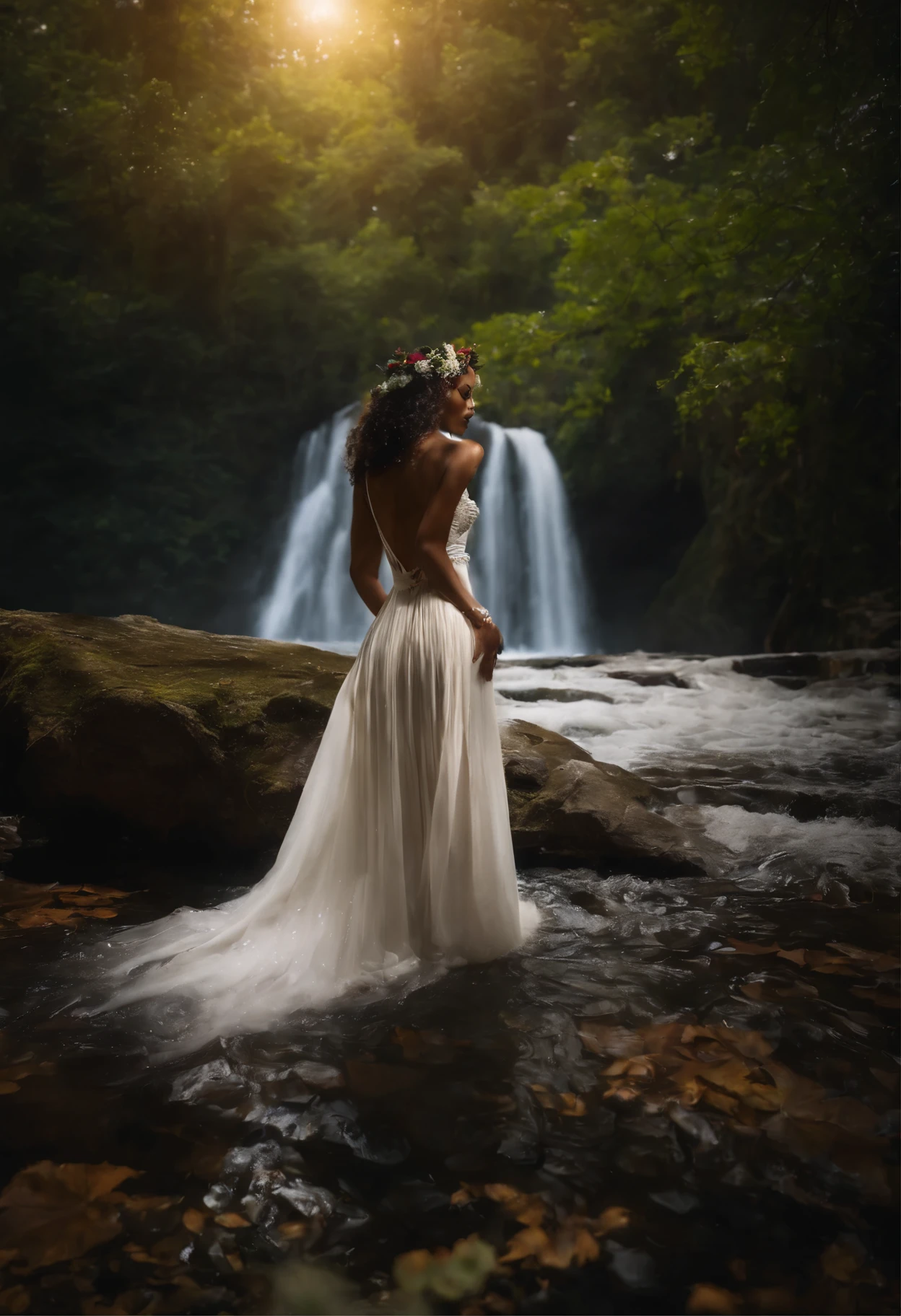 Imagem: The goddess Oxum is bathing in a waterfall. She is a beautiful black woman with long brown hair and dark skin.. She wears a flowing white dress and is surrounded by flowers.. The waterfall is tall and powerful, and the water falls over Oxum in a sparkling veil. Detalhes: Oxum is a tall and slender woman. Ela tem longos cabelos castanhos que caem em cachos sobre seus ombros. your skin is dark and shiny. She wears a flowing white dress that reaches her feet.. The dress is decorated with colorful flowers. Oxum is bathing in a tall and powerful waterfall. The water falls over her in a sparkling veil. The waterfall is located in a lush forest. The trees are tall and the leaves are green and bright. The sun is shining and the sun&#39;s rays illuminate Oxum and the waterfall.