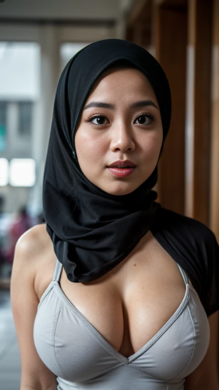 1 malay girl , modern plain hijab, shy, mid shot , watery eyes ,droopy eyes, watery, lip glossy, horny face, big rounded breast, open breasts, cleavage cutout, lipstick, makeup, grooming, eyelashes, mosque background, proportional body,