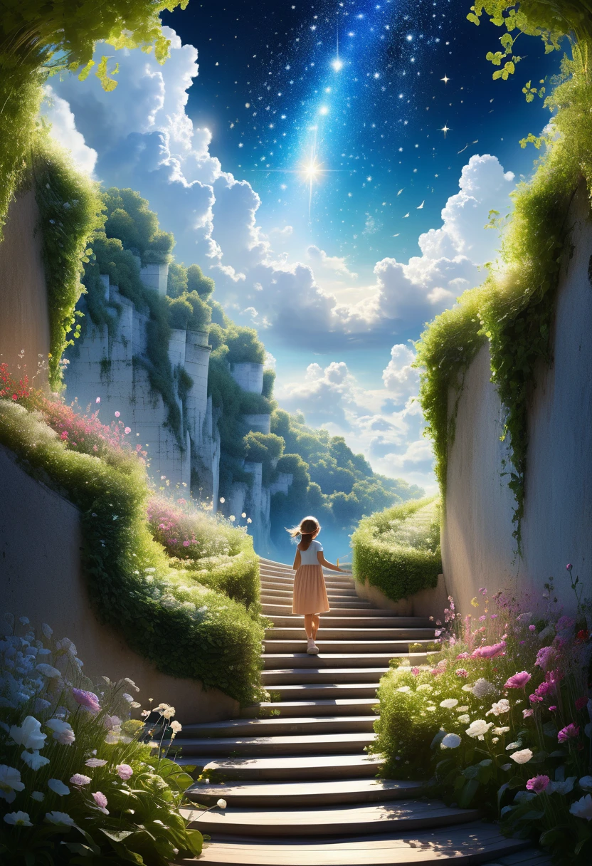 A  girl discovers a magical staircase leading to heaven, represented by a magnificent celestial landscape. Elle monte les escaliers, guided by music, et éprouve diverses émotions tout au long du chemin.