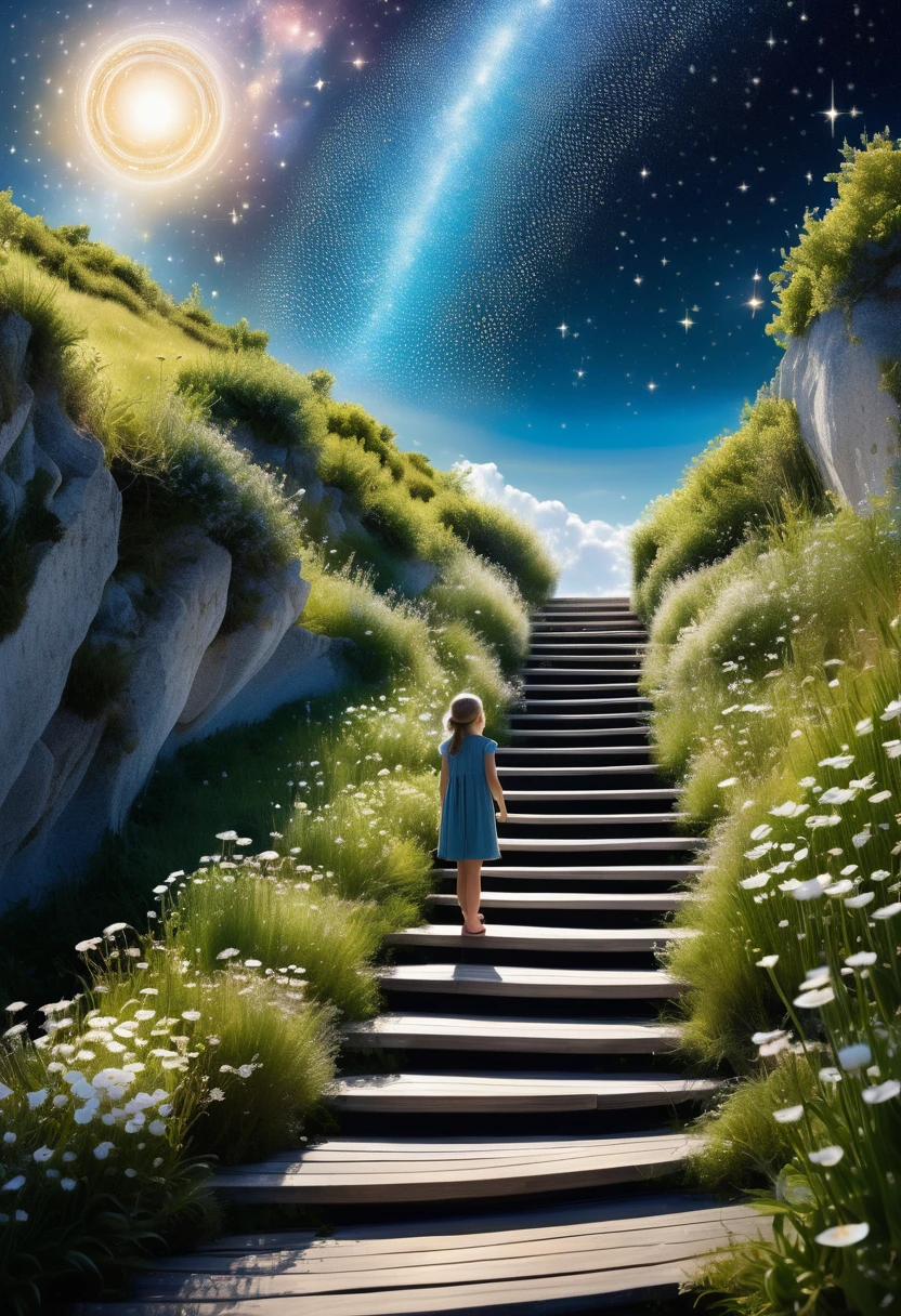 A young girl discovers a magical staircase leading to heaven, represented by a magnificent celestial landscape. Elle monte les escaliers, guided by music, et éprouve diverses émotions tout au long du chemin.