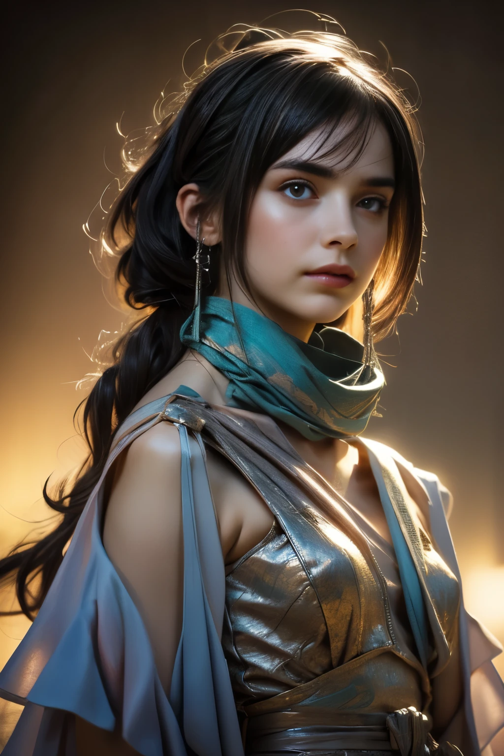 A girl with a scarf wrapped around her head, Craig Mullins Alphonse Mucha artistic style, beautiful character illustration, vibrant and deep colors by Rads and Lois Van Baarle, Artgerm and Ati Gilan collaboration, rich and deep colors reminiscent of Charlie Bowater's artwork, Lostland 8k resolution, a bountiful and colorful display of food, Artgerm and Craig Mullins collaboration. (best quality, 8k resolution, highres, masterpiece:1.2), ultra-detailed, photo-realistic:1.37, HDR, studio lighting, ultra-fine painting, sharp focus, physically-based rendering, extreme detail description, professional, vivid colors, bokeh, portraits, food genre, vibrant and warm color palette, soft and diffused lighting.