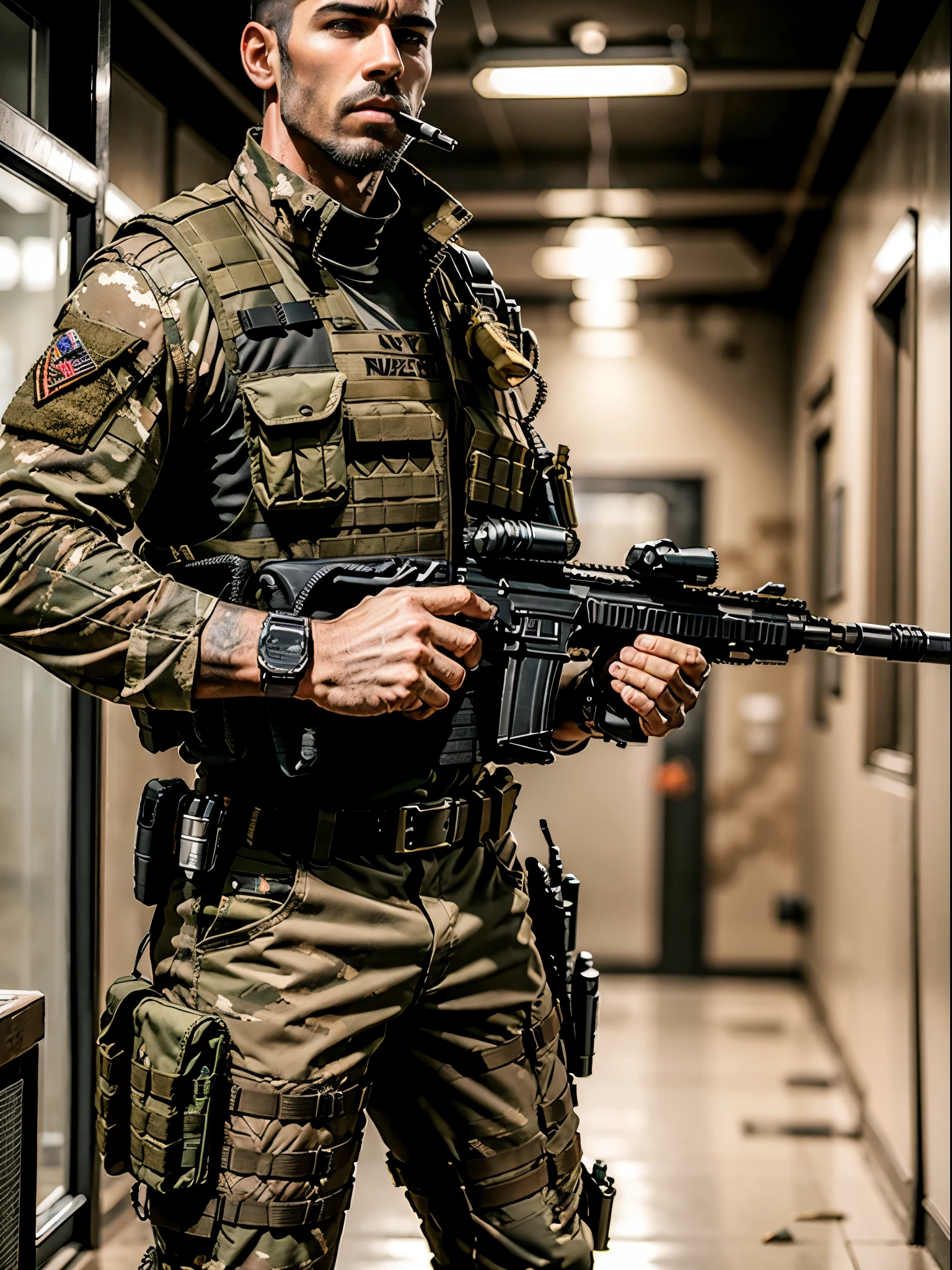 Mercenary, male focus, holding weapon, assault rifle, load-bearing vest, cigar in mouth, ammunition belt, danger atmosphere, war zone