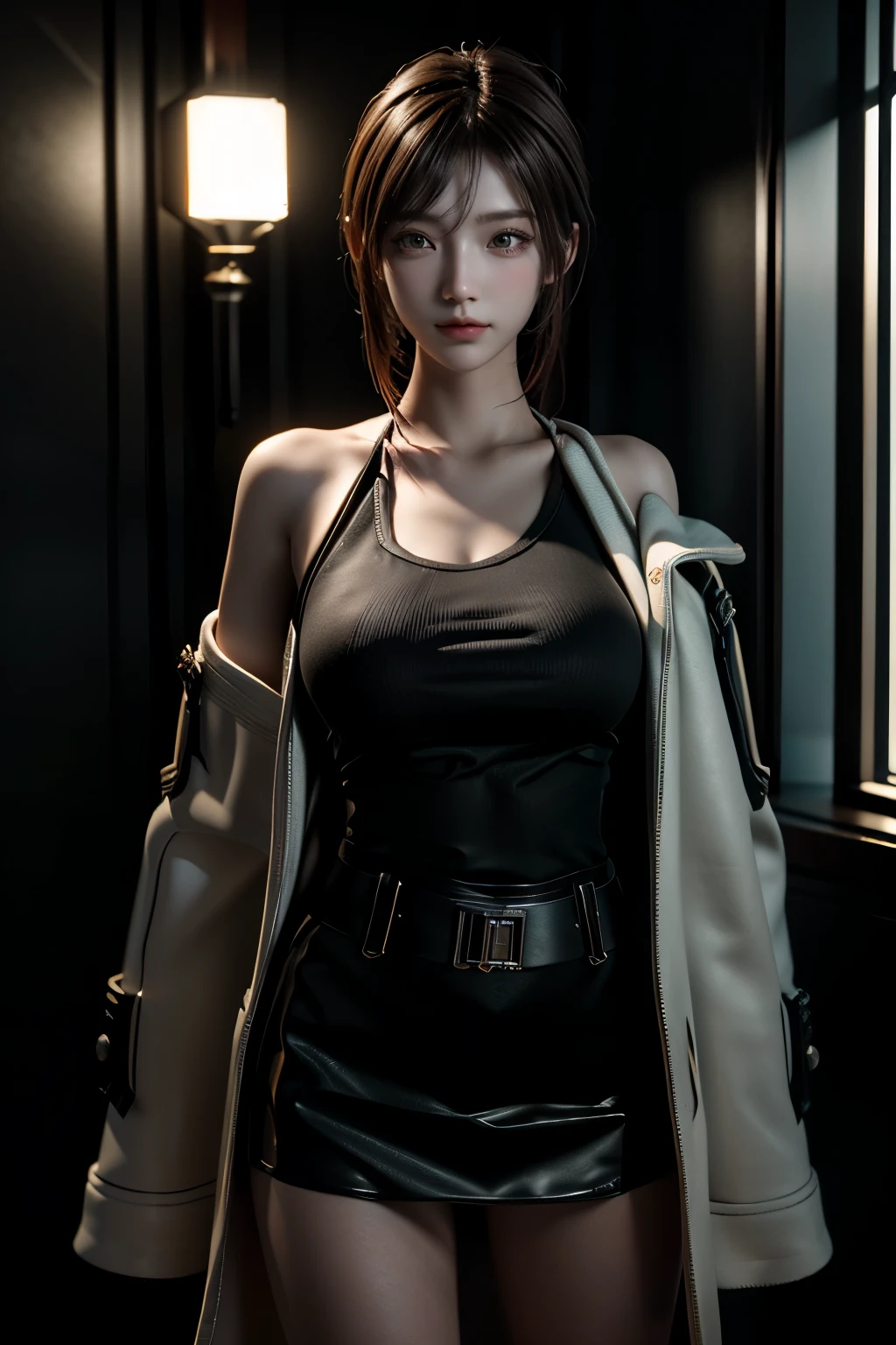 Masterpiece,Game art,The best picture quality,Highest resolution,8K,(Portrait),Unreal Engine 5 rendering works,(Digital Photography),
20 year old girl,Short hair details,With long bangs,(The red eye makeup is very meticulous),(White with short haiery red eyes,(Large, full breasts),Elegant and noble,Brave and charming,
(Charge coat,Bare shoulder,Open),
Movie lights,Ray tracing,Game CG,((3D Unreal Engine)),OC rendering reflection pattern