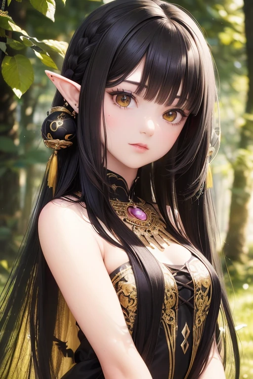 (Best quality,4K,8K,A high resolution,Masterpiece:1.2),Ultra-detailed,(Realistic,Photorealistic,photo-realistic:1.37),Girl with long black hair,Wearing a black dress,Decorated with bird hair ornaments,Brightly Colored yellow Eyes, Raven_faerie, faerie_girl, small elf ears