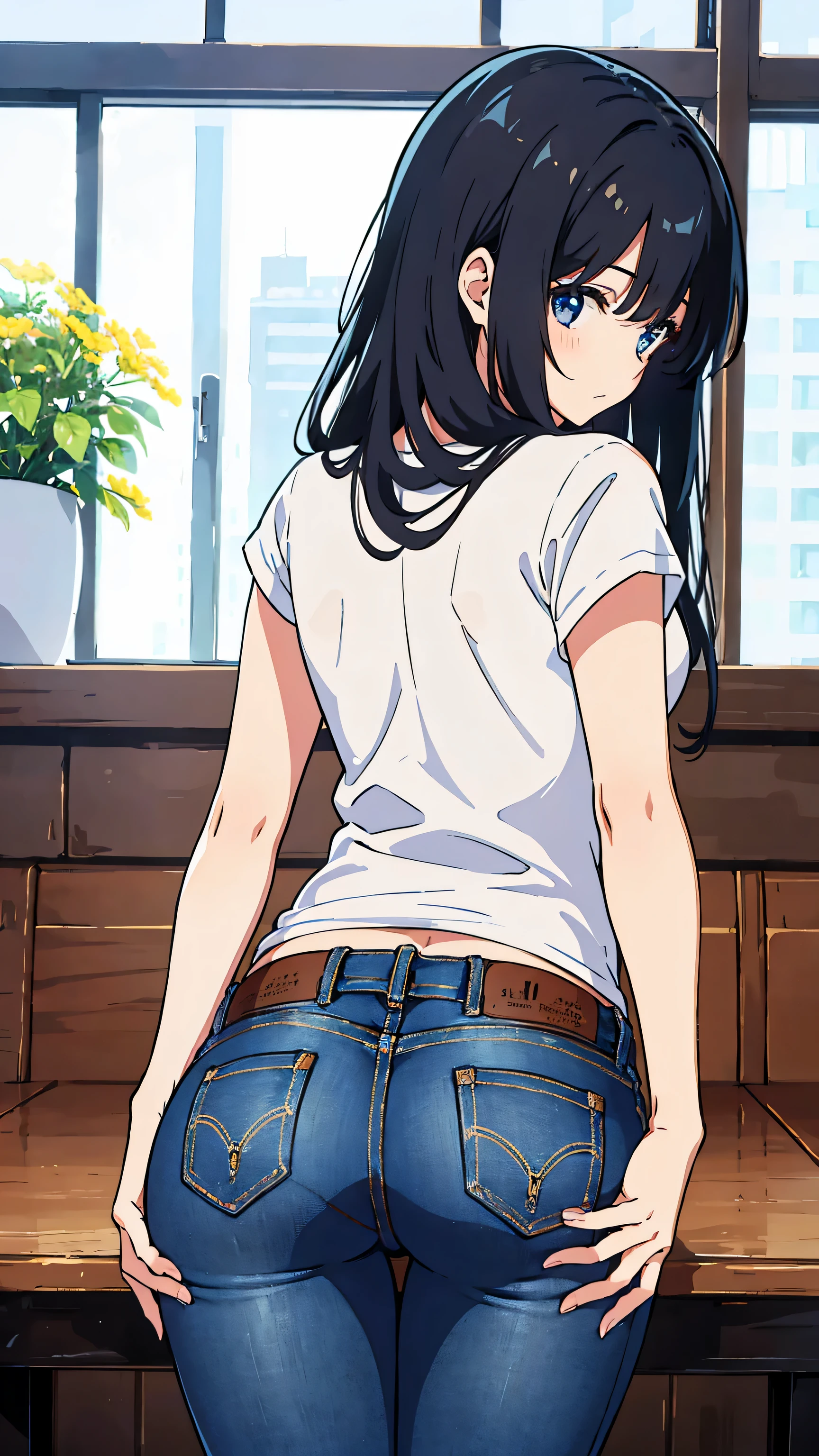 1 girl,alone,highest quality, masterpiece, 8K, very detailed,jeans,white t-shirt,long hair,black hair,,big ass,Crab crotch