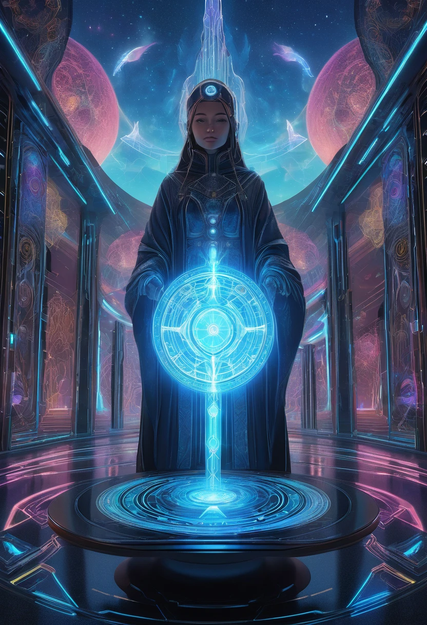 Tarot Cards, aesthetic, An updated Tarot card, "Tech Mage", symbolizing power, creation, and resourcefulness. Show a figure in a futuristic setting manipulating a hologram, one hand pointing to the sky, the other to the ground. Use Tarot suits as tech elements. The art should be visually striking, inventive, and blend Tarot symbolism with a modern, tech-focused style.
