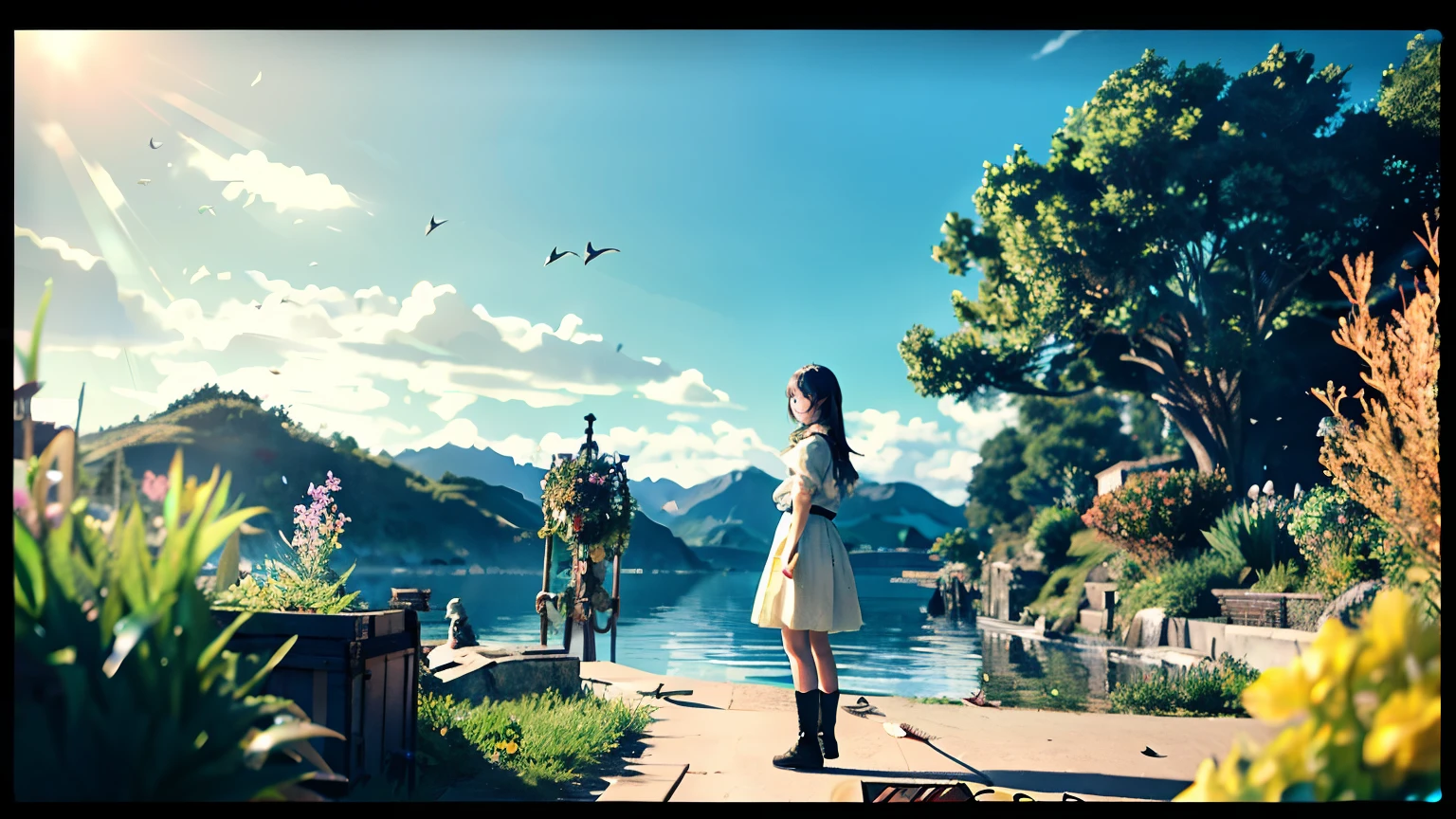 fantasy、nostalgic、fantasy、A girl is standing in the distance、view from the water、a lot of fish are swimming、extremely detailed CG

