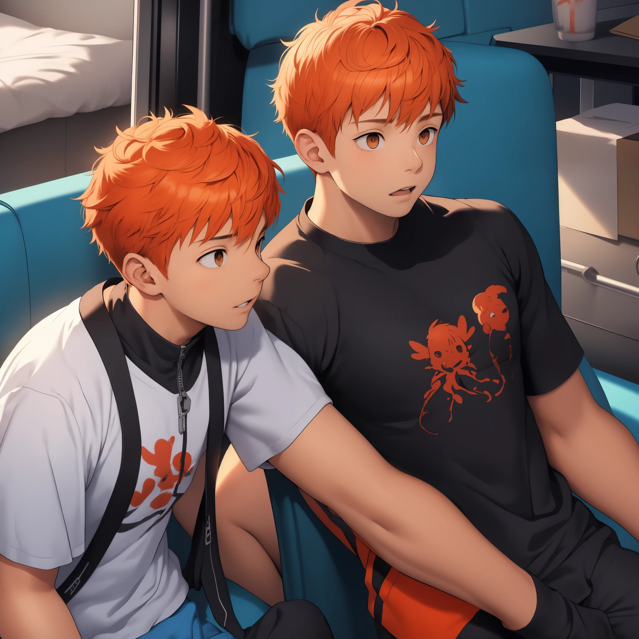 There are two brothers, one with short orange hair, they are .,se pone triste molesto llora un poco
