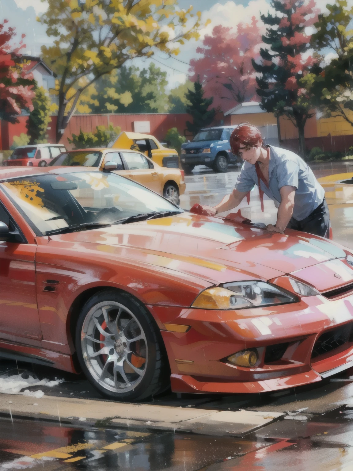  man washing a red car with a yellow towel, wash off in the rain, darling wash off in the rain, color corrected, cleaned up, smooth detailed, extreme detailing, detailing, clean detailed, hyper detailed!!, pristine and clean, bryan sola, in detail, covered in red slime, hyper detailed!!!, clean detail, front side full